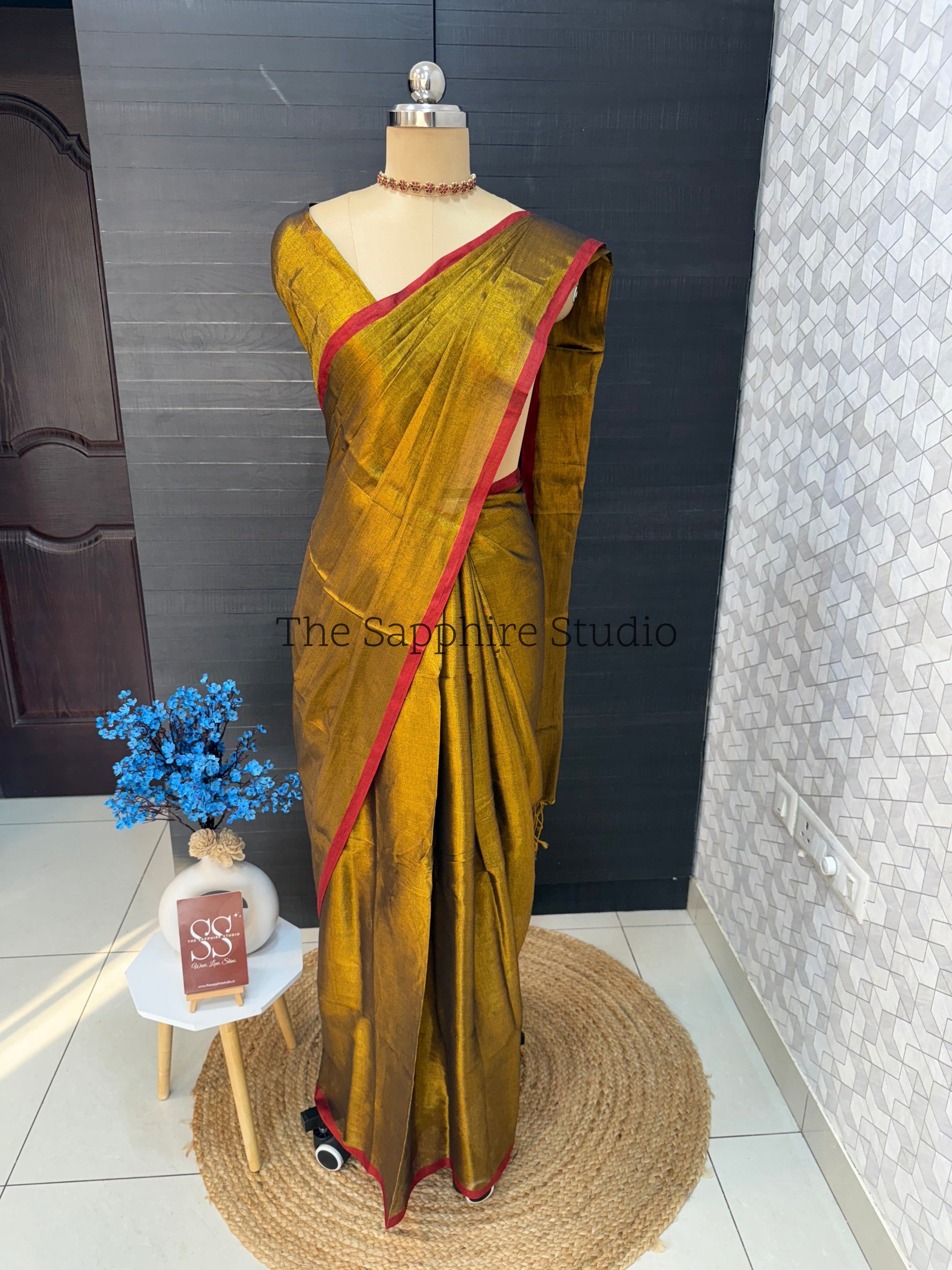 Raga Tissue Golden with maroon border Saree