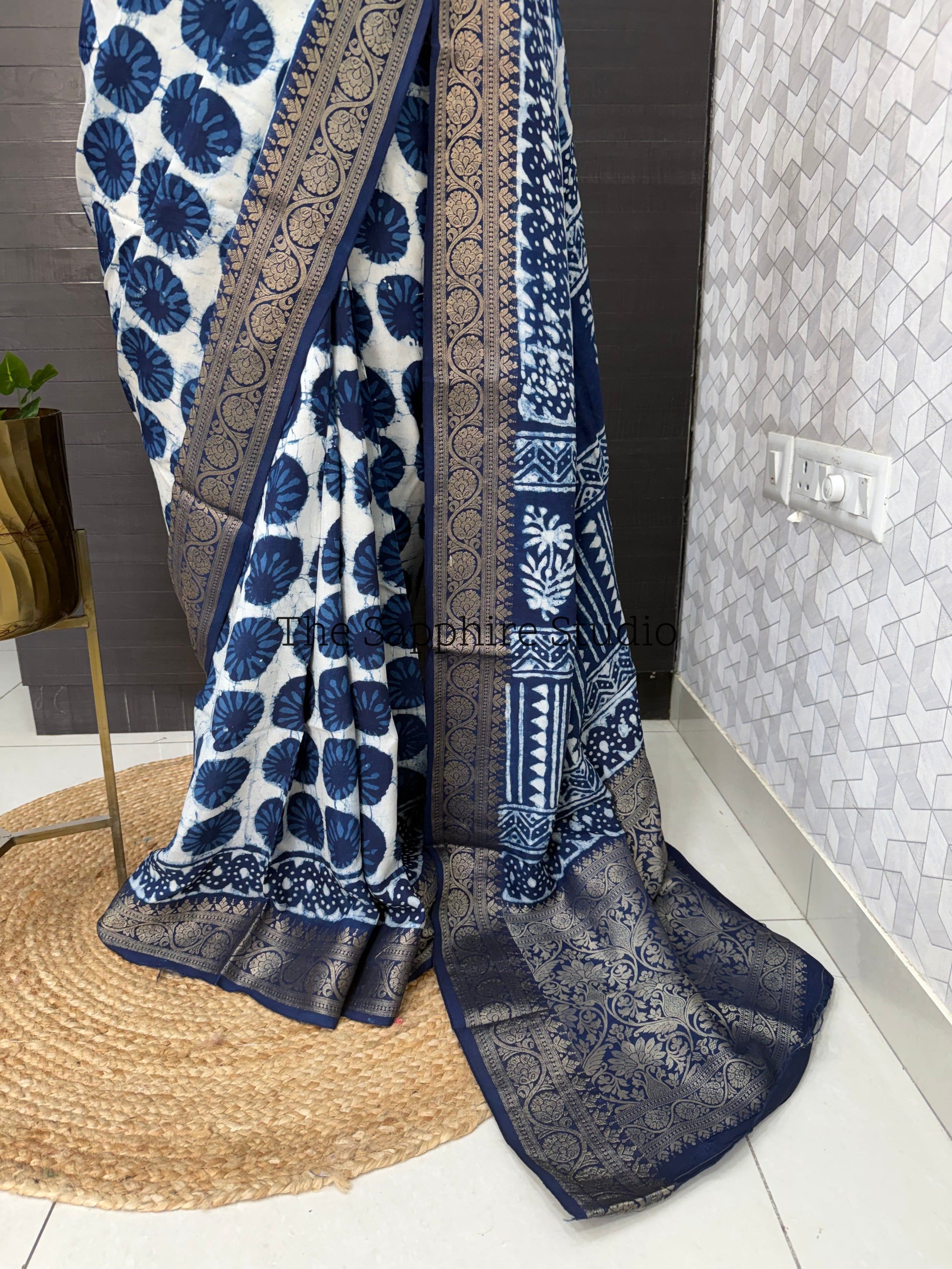 Indigo Dola Silk Saree with Geometric Dabbu Design
