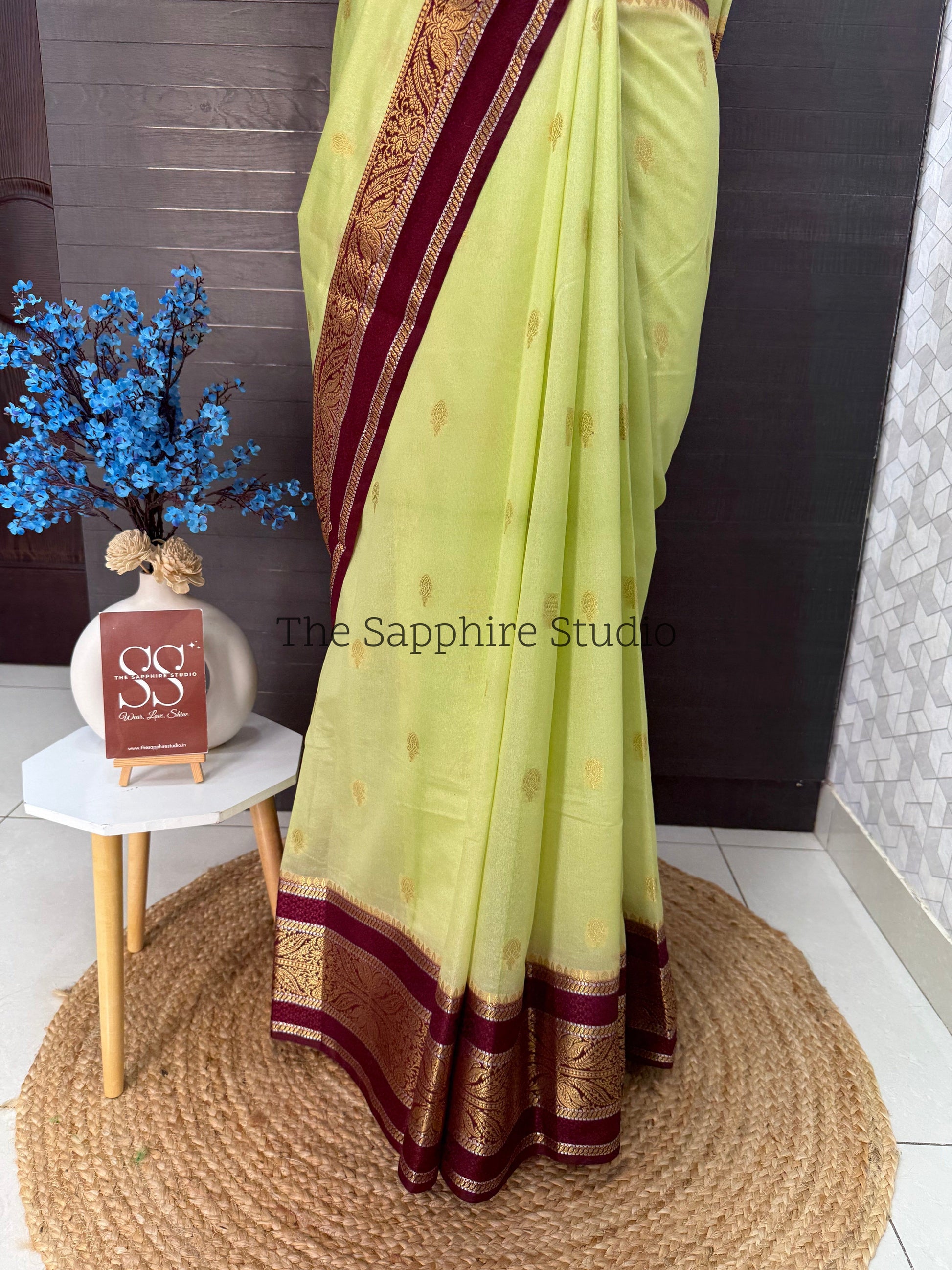 Lime Green & Maroon Banarasi Georgette Saree with Satin Border