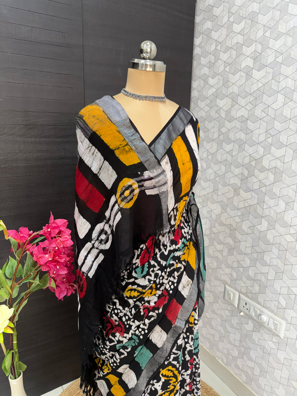 Multicolor Linen Bagru Saree with Running Blouse