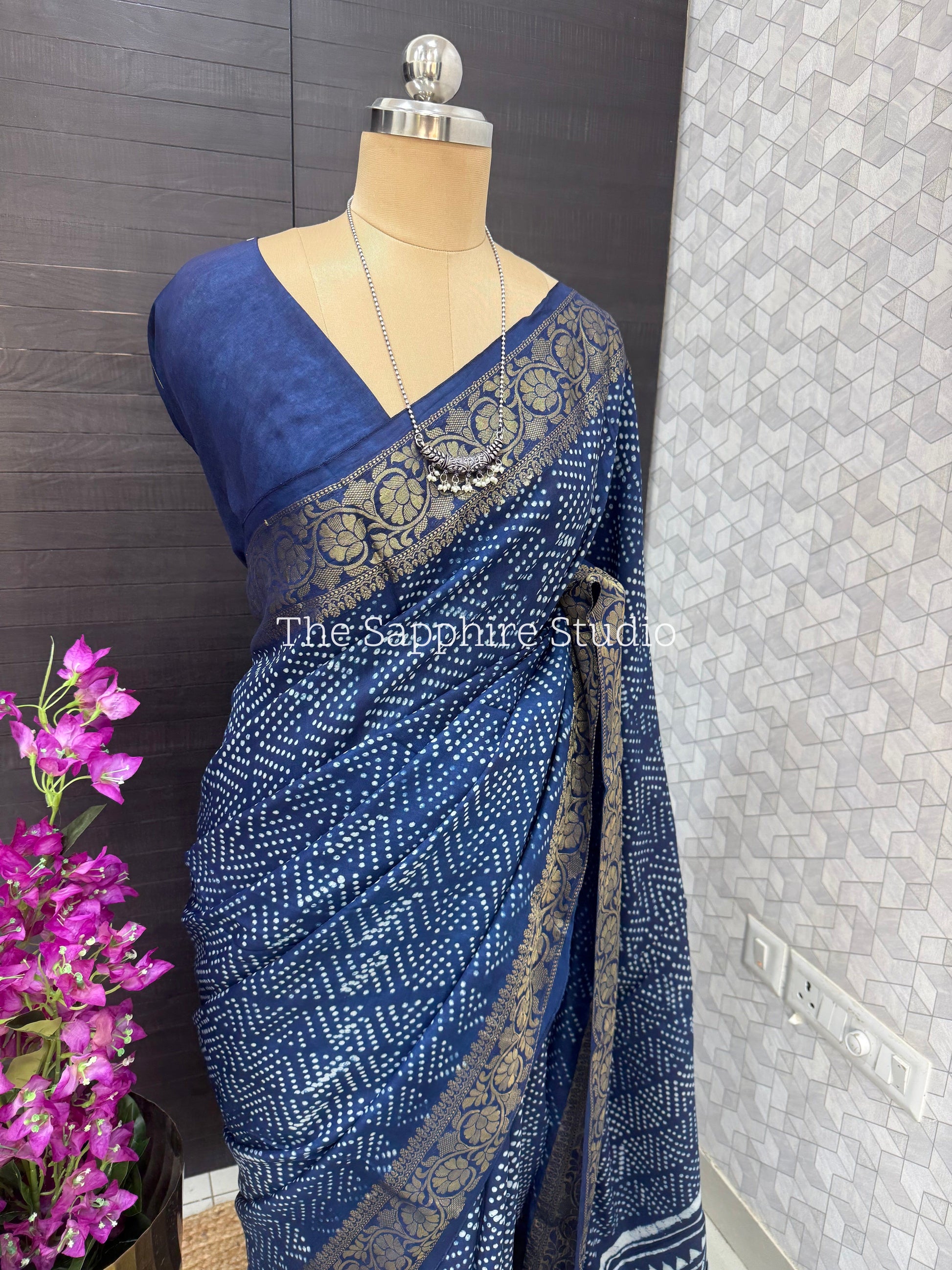 indigo saree for pooja and office wear, Dabbu print Dola silk saree with gold zari border, traditional saree for small functions