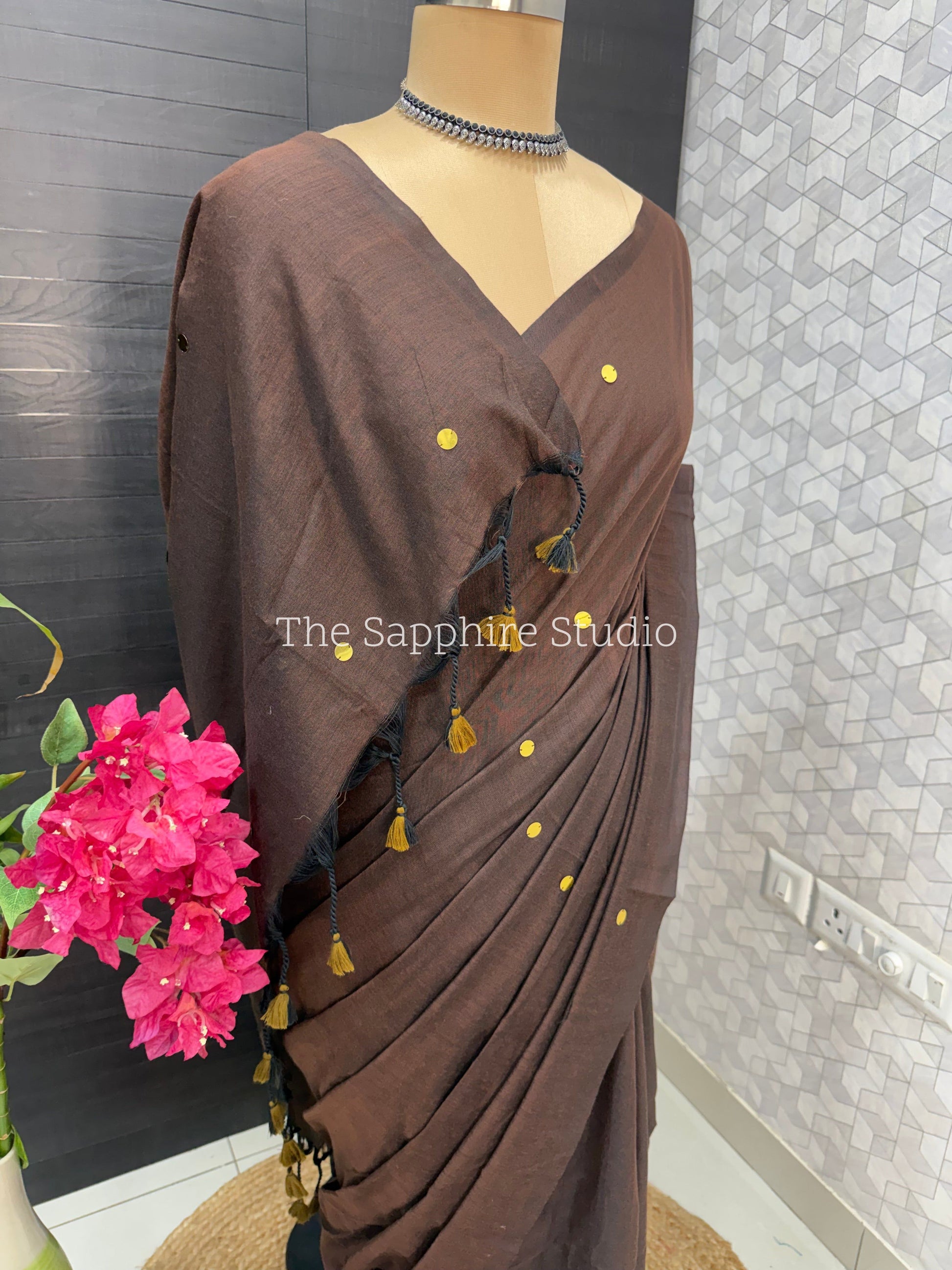 Chocolate Brown Khadi Cotton Saree