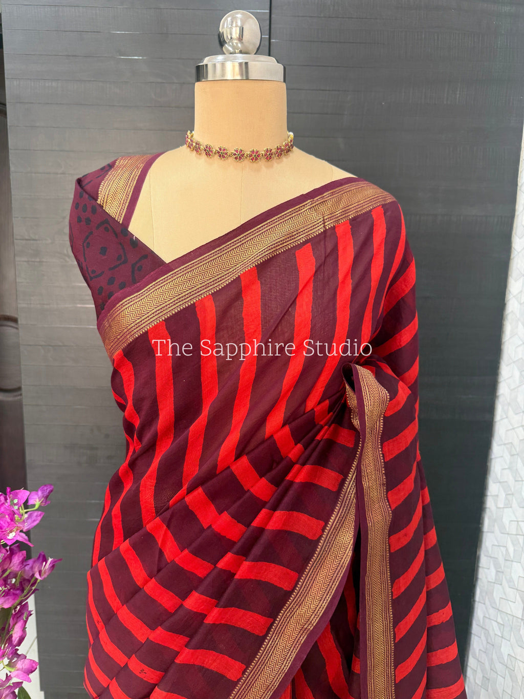 Maheshwari Silk Saree – Maroon with Red Stripes & Golden Border