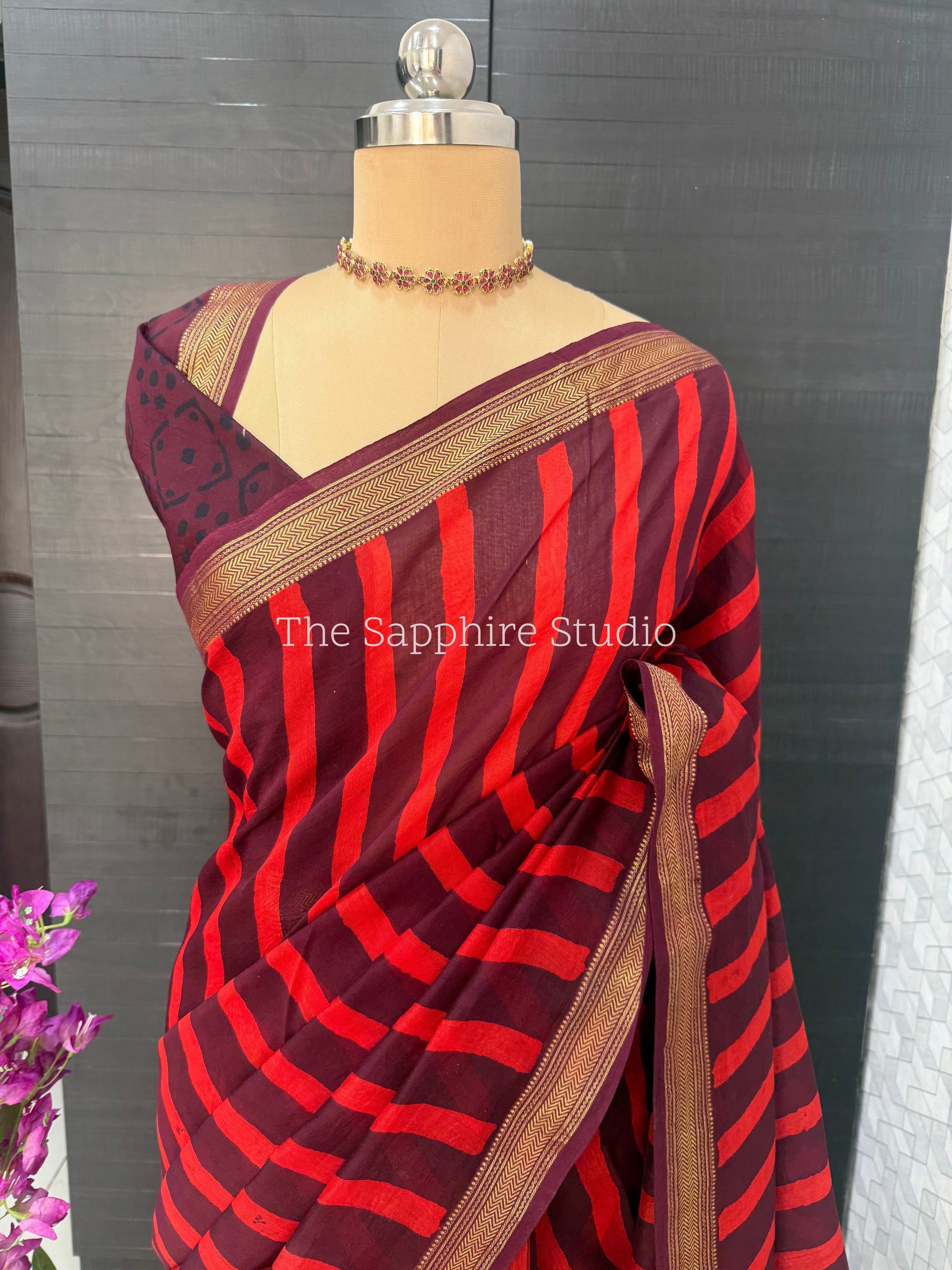Maheshwari Silk Saree – Maroon with Red Stripes & Golden Border