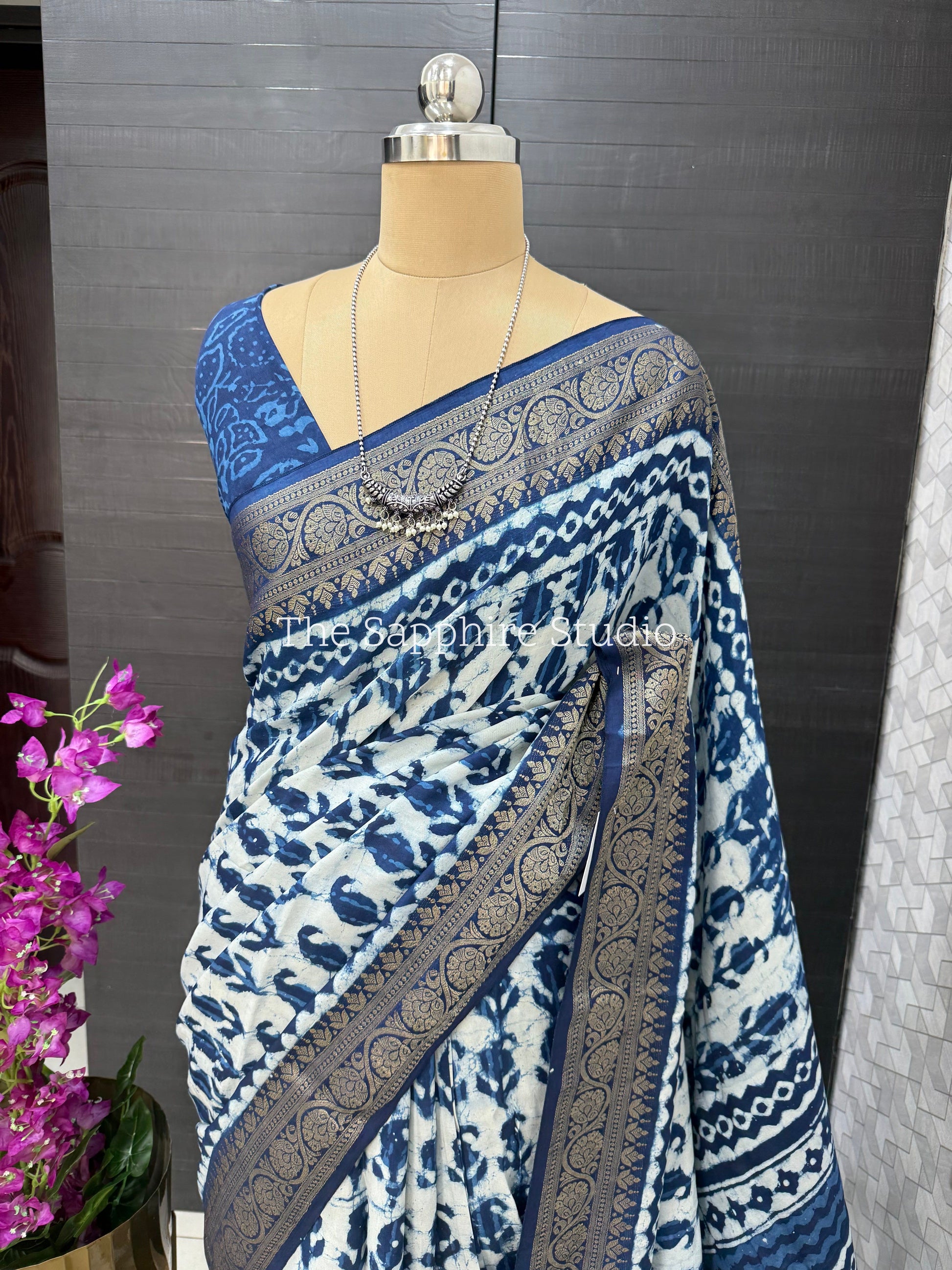 indigo Dabbu print saree with gold zari border, Dola silk saree for office wear and small functions, traditional printed saree online India