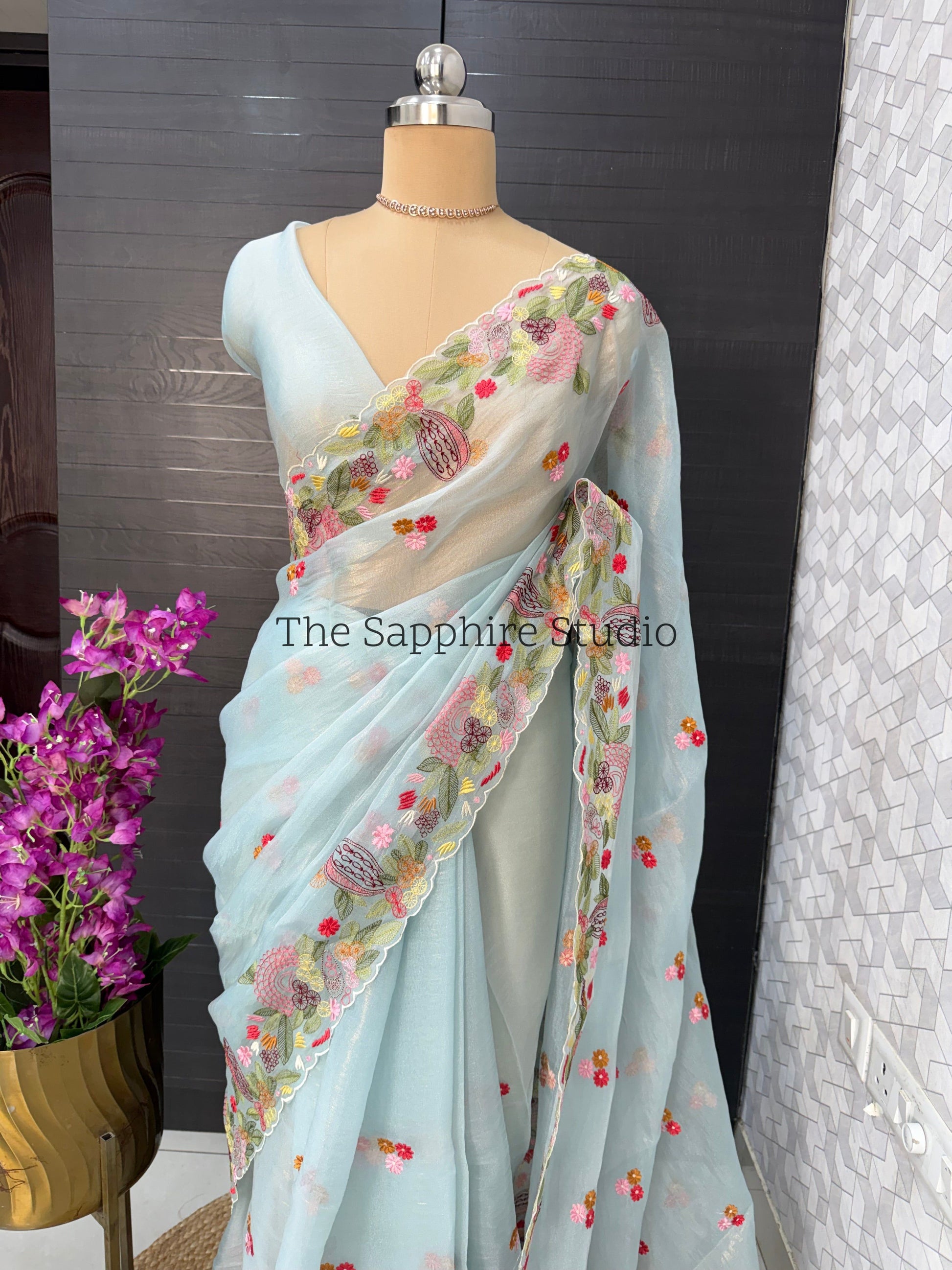 Sky Bloom Hand-Embroidered Organza Saree