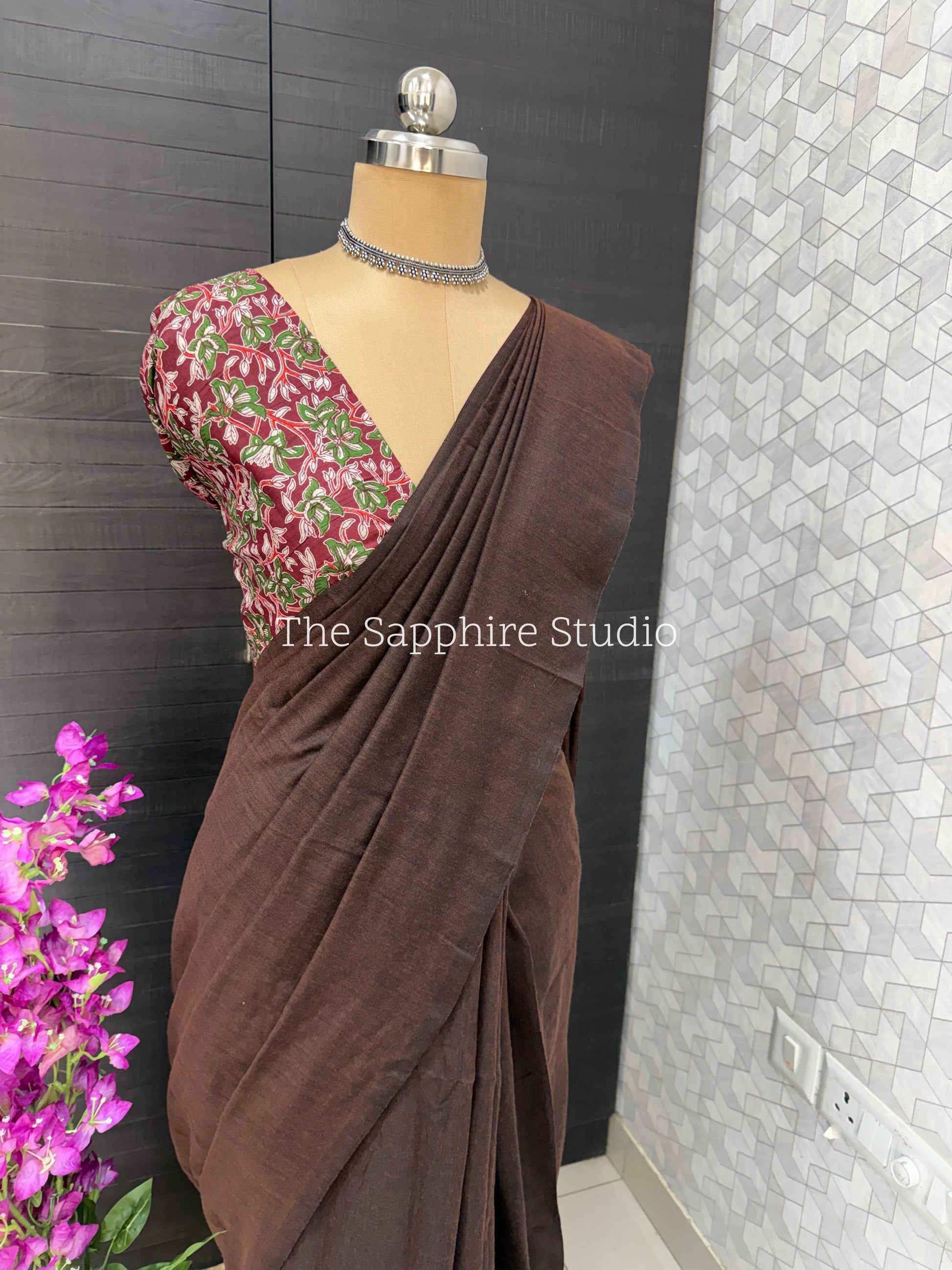 Chocolate Brown khadi cotton saree with Floral Contrast Blouse