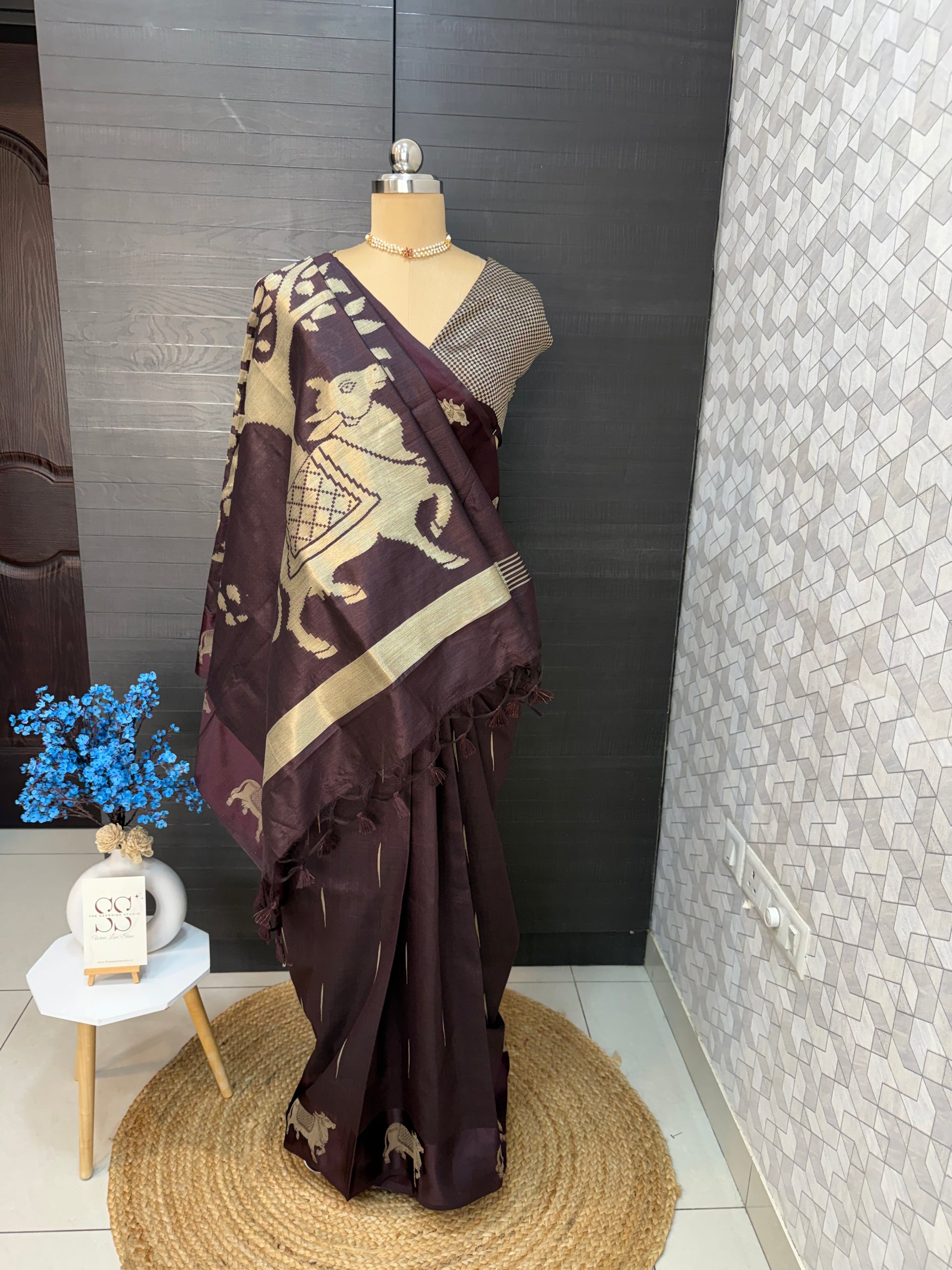 Tussar Pichwai Saree with Cow Motifs and Satin Border