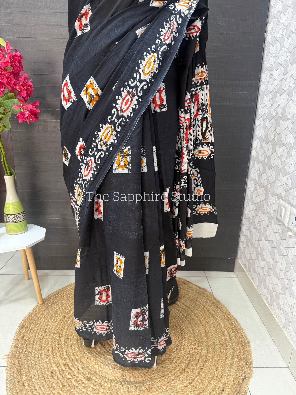 Black Mul Cotton Saree with Readymade Blouse