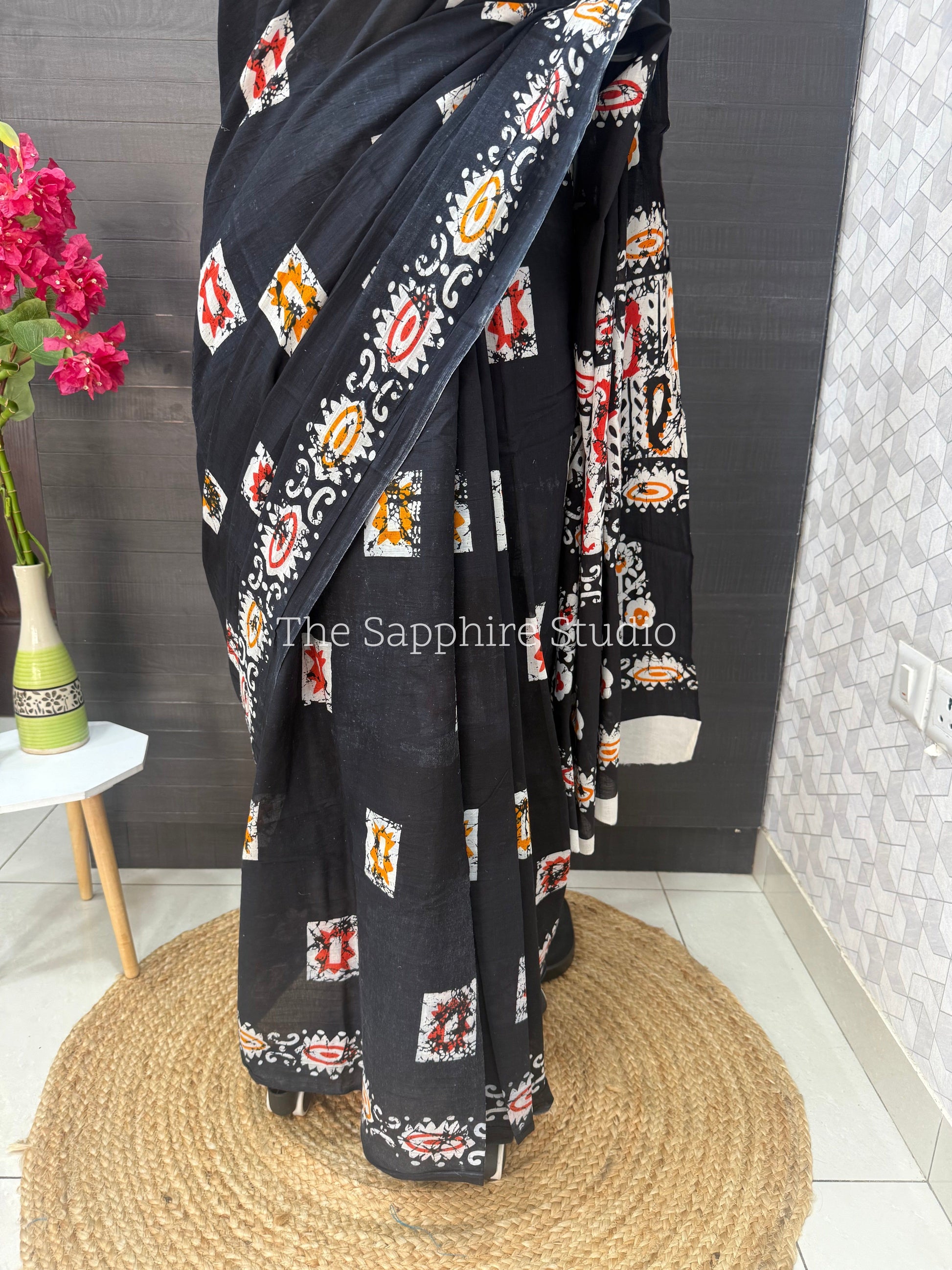 Black Mul Cotton Saree with Readymade Blouse