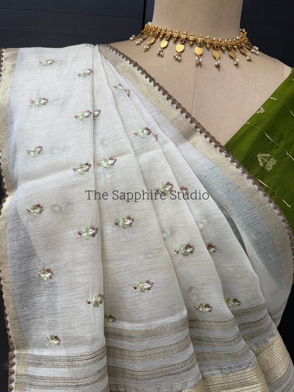 Onam/ Vishu Tissue Saree with Embroidery - small flower work - Brown (comes with contrast green blouse)