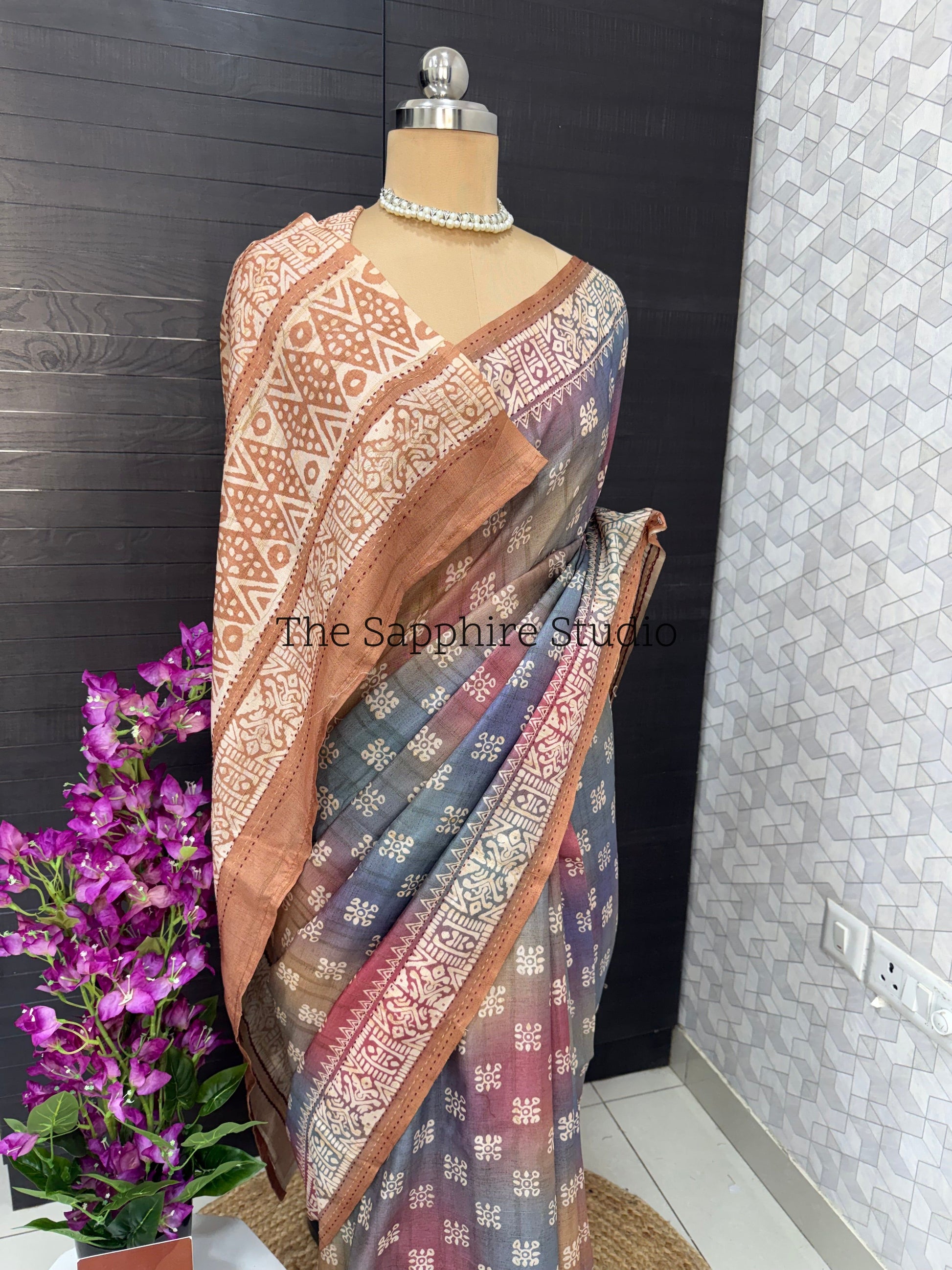 Earth Blend Tussar Saree with Warm Rust Contrast Blouse