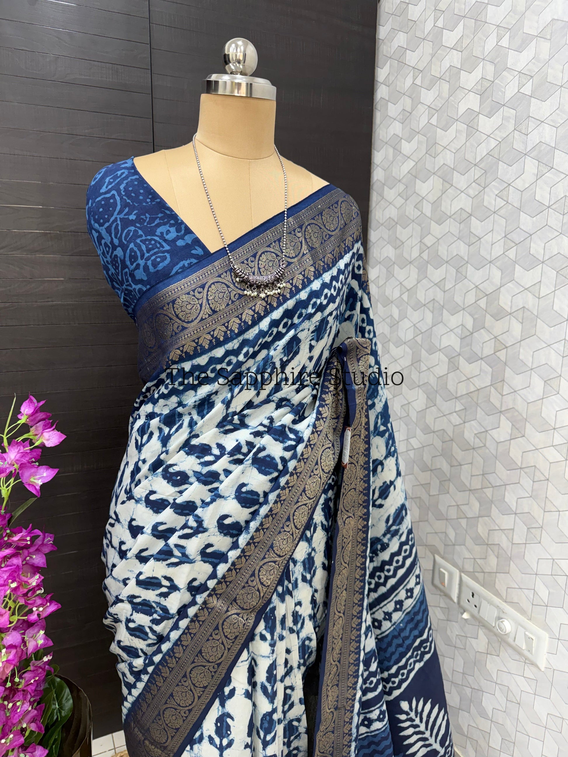 Indigo Dola Silk Saree with Leaf Motif Dabbu Print