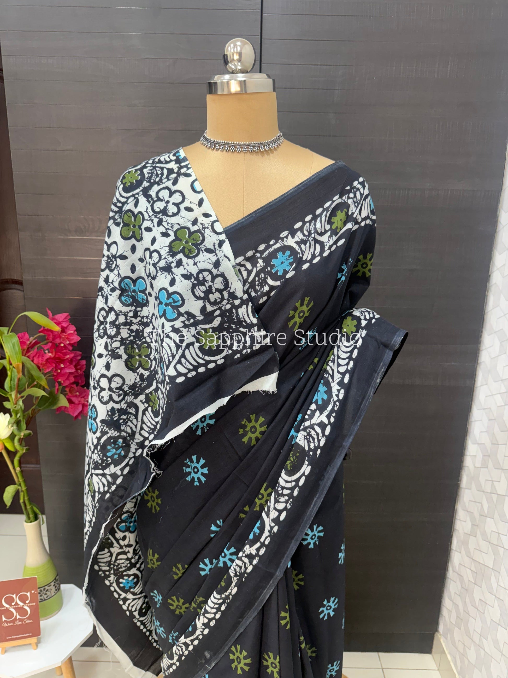 Navy Blue Mul Cotton Saree with Readymade Blouse