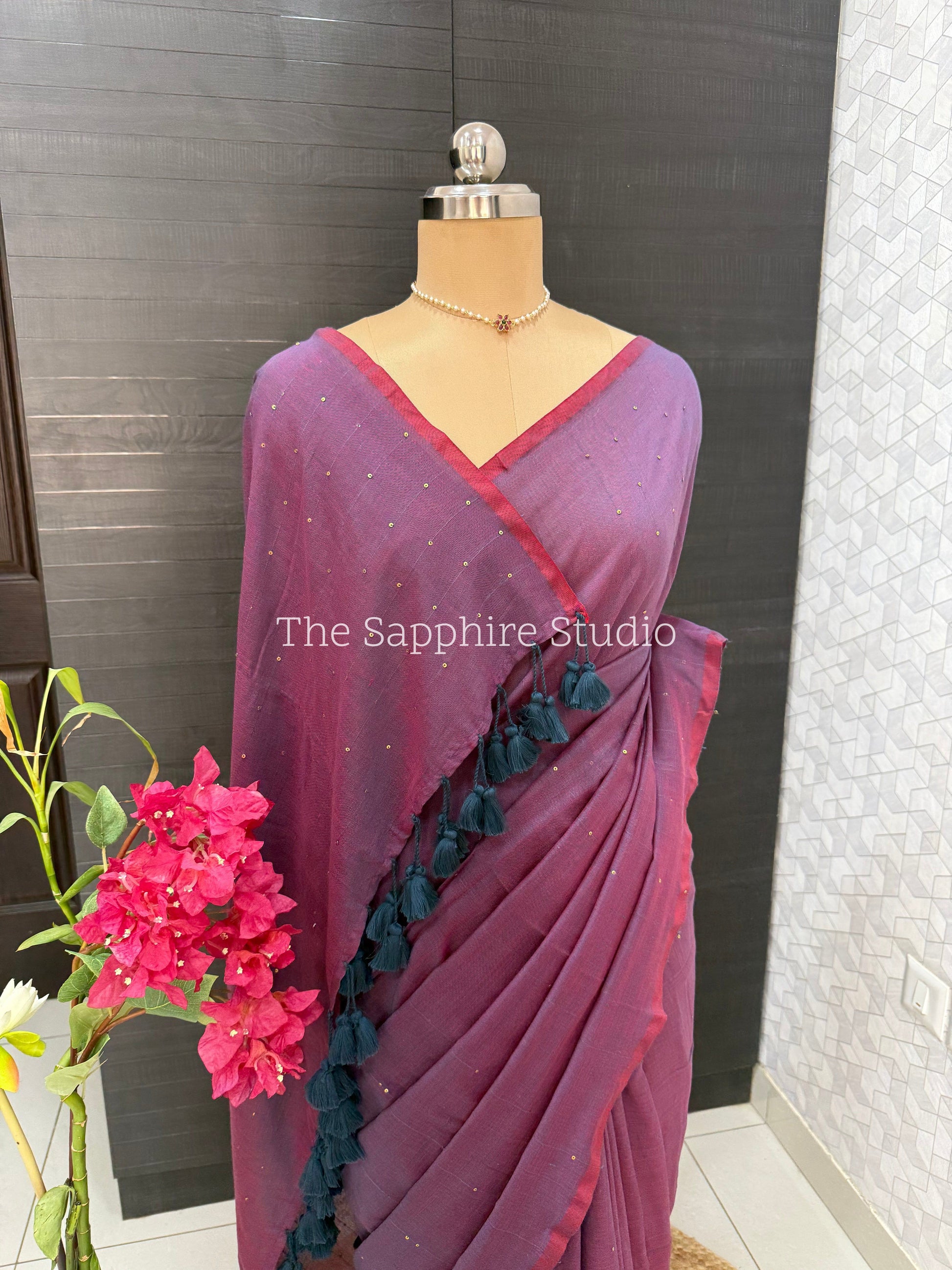 Deep Purple Mul Mul Cotton Saree with Contrast Ready made Blouse