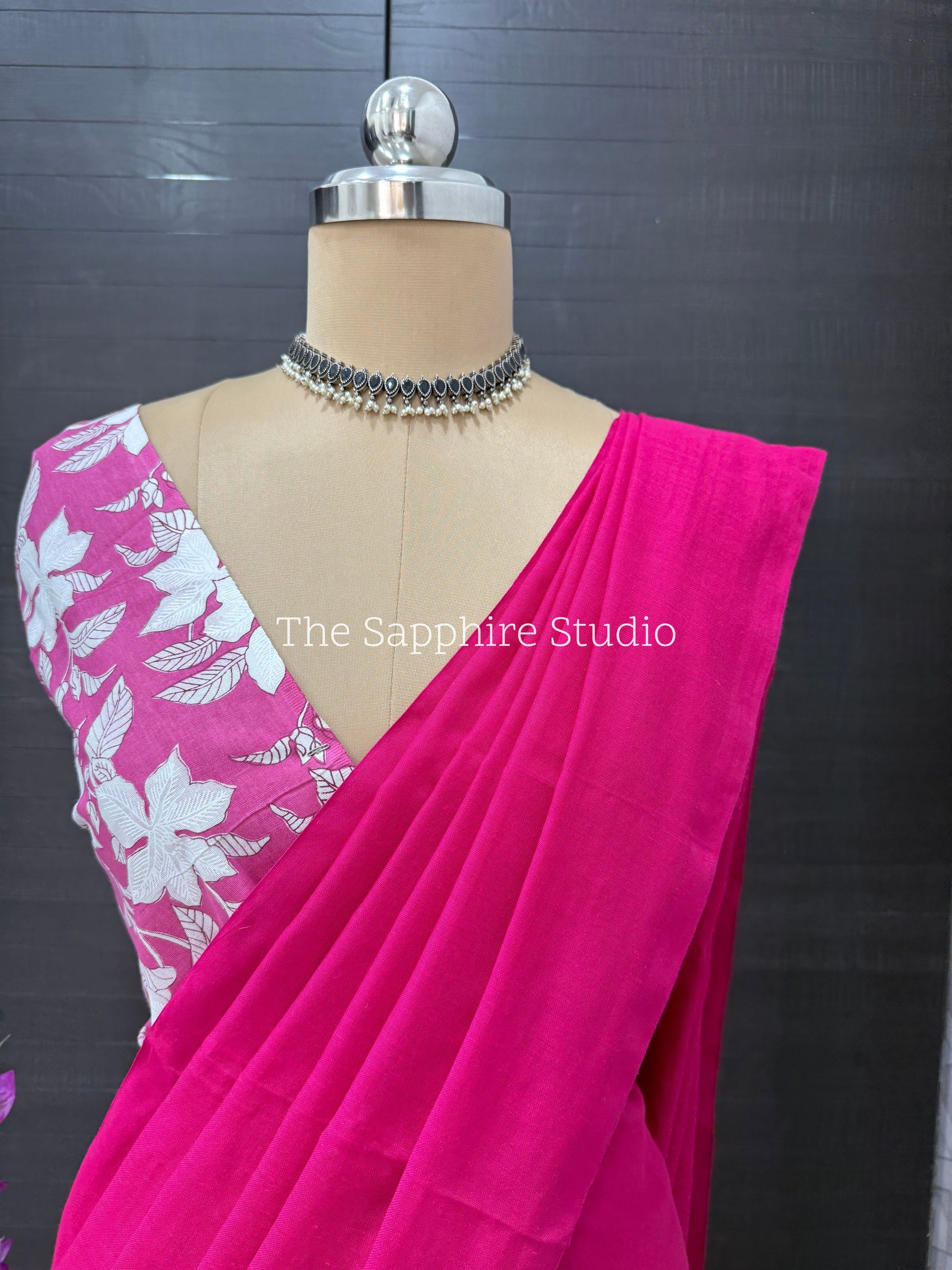 Hot Pink Khadi cotton saree with Floral Contrast Blouse