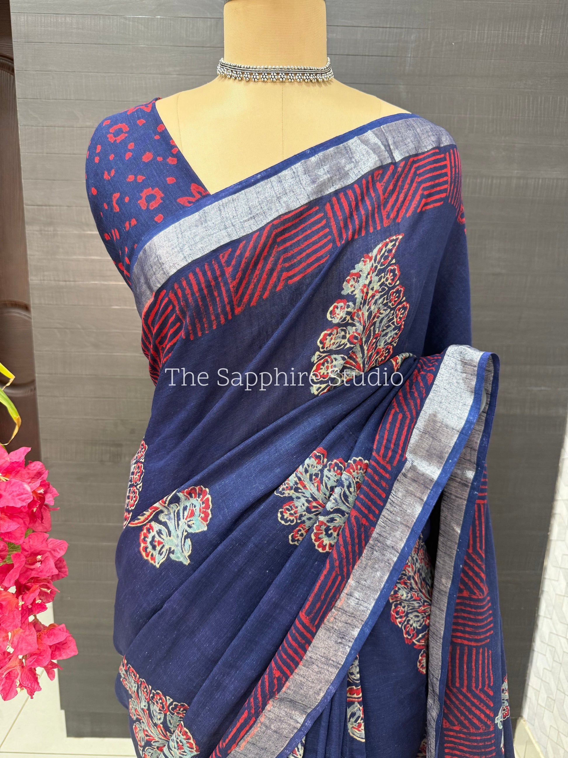 Navy Blue Linen Bagru Saree with Silver Border