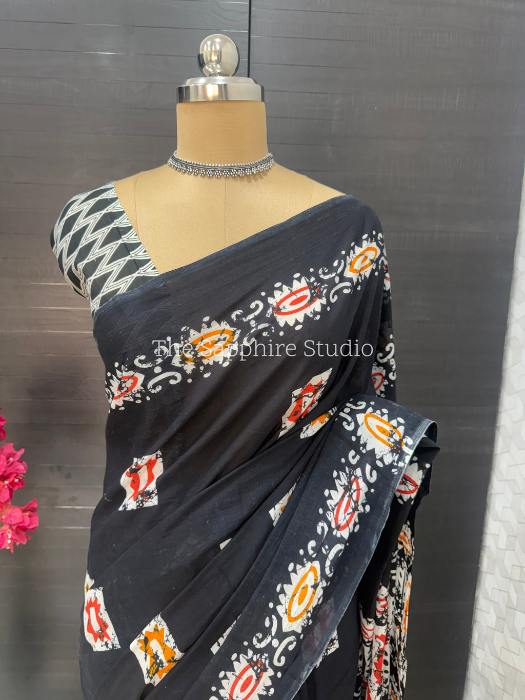 Black Mul Cotton Saree with Readymade Blouse
