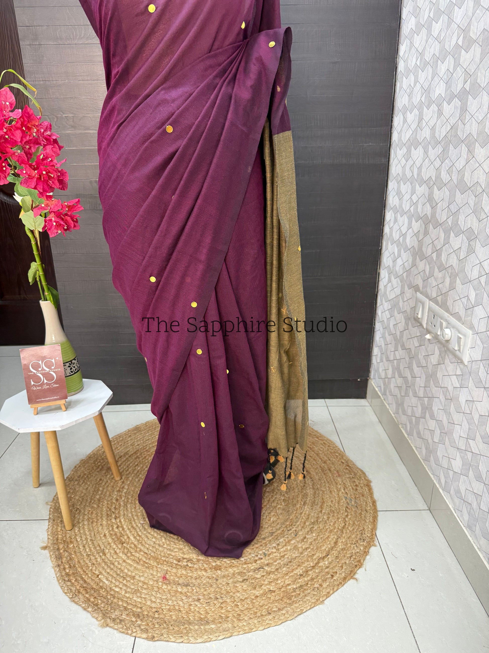 Wine Purple & Mustard Khadi Cotton Saree