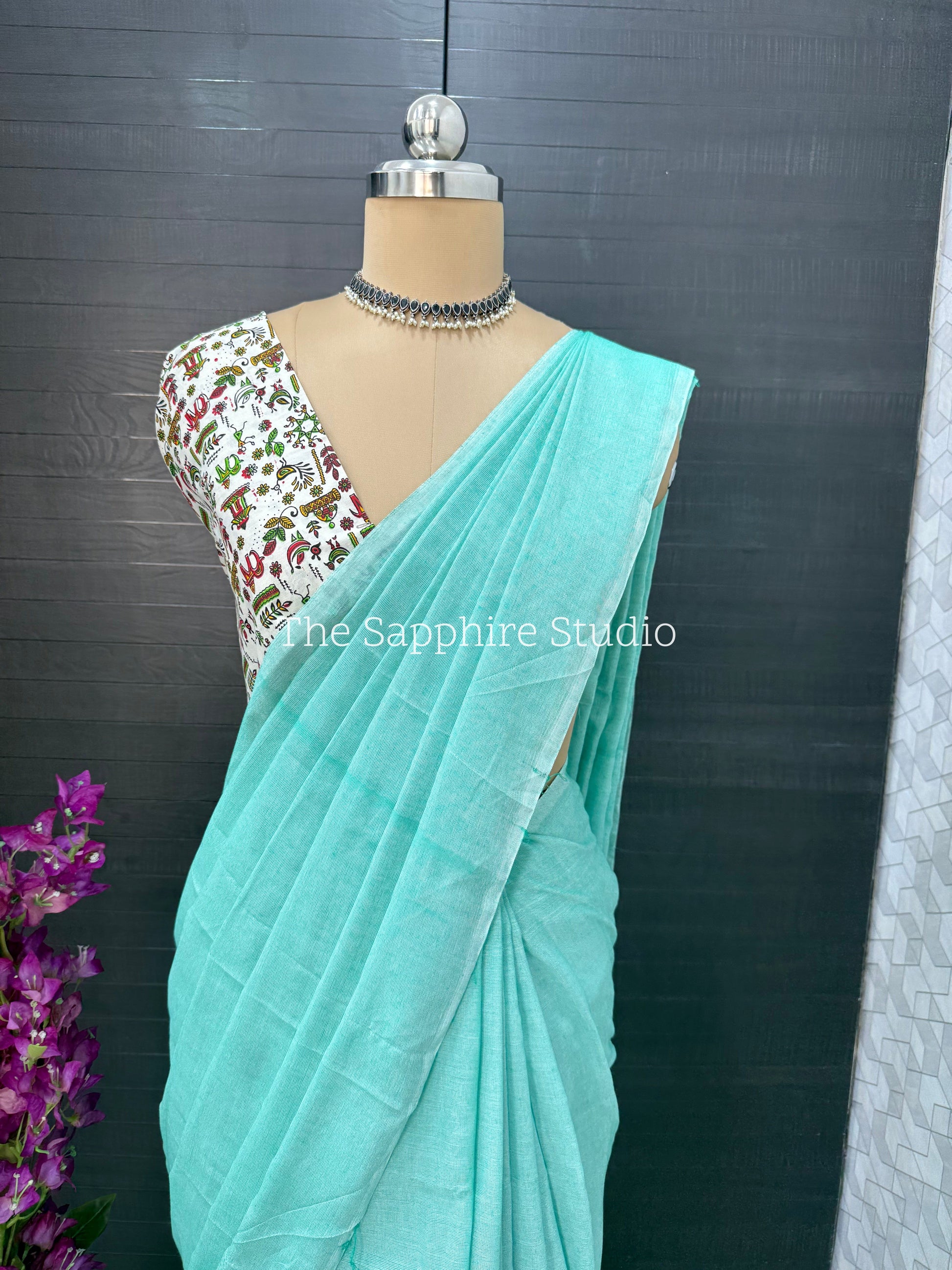 Sea Green khadi cotton saree with Printed Contrast Blouse