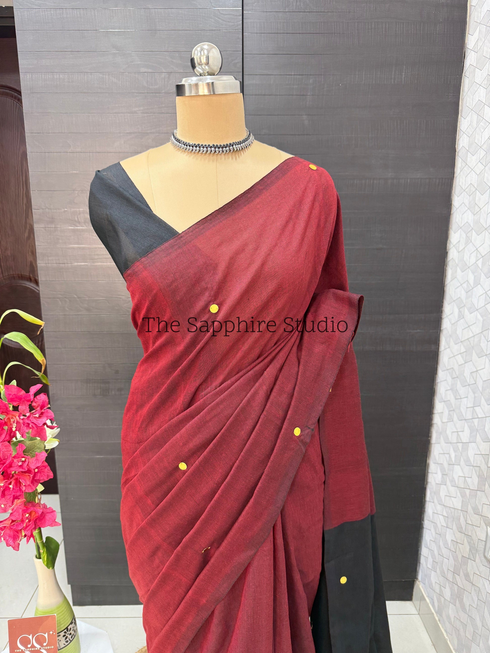Brick Red & Black Khadi Cotton Saree