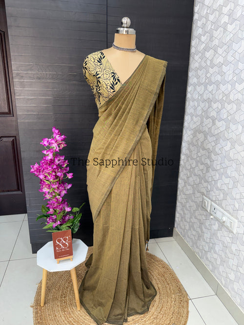 Beige Sand khadi cotton saree with Kalamkari Contrast Blouse
