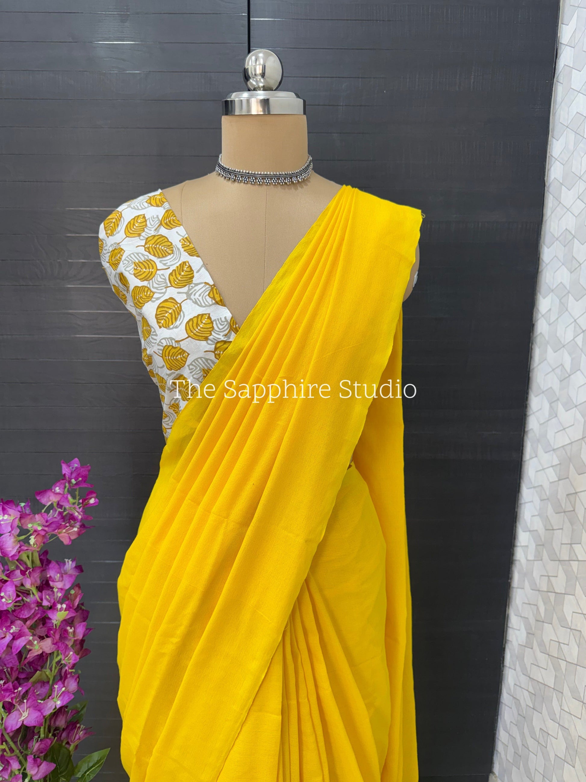 Mustard Yellow khadi cotton saree with Butta Contrast Blouse