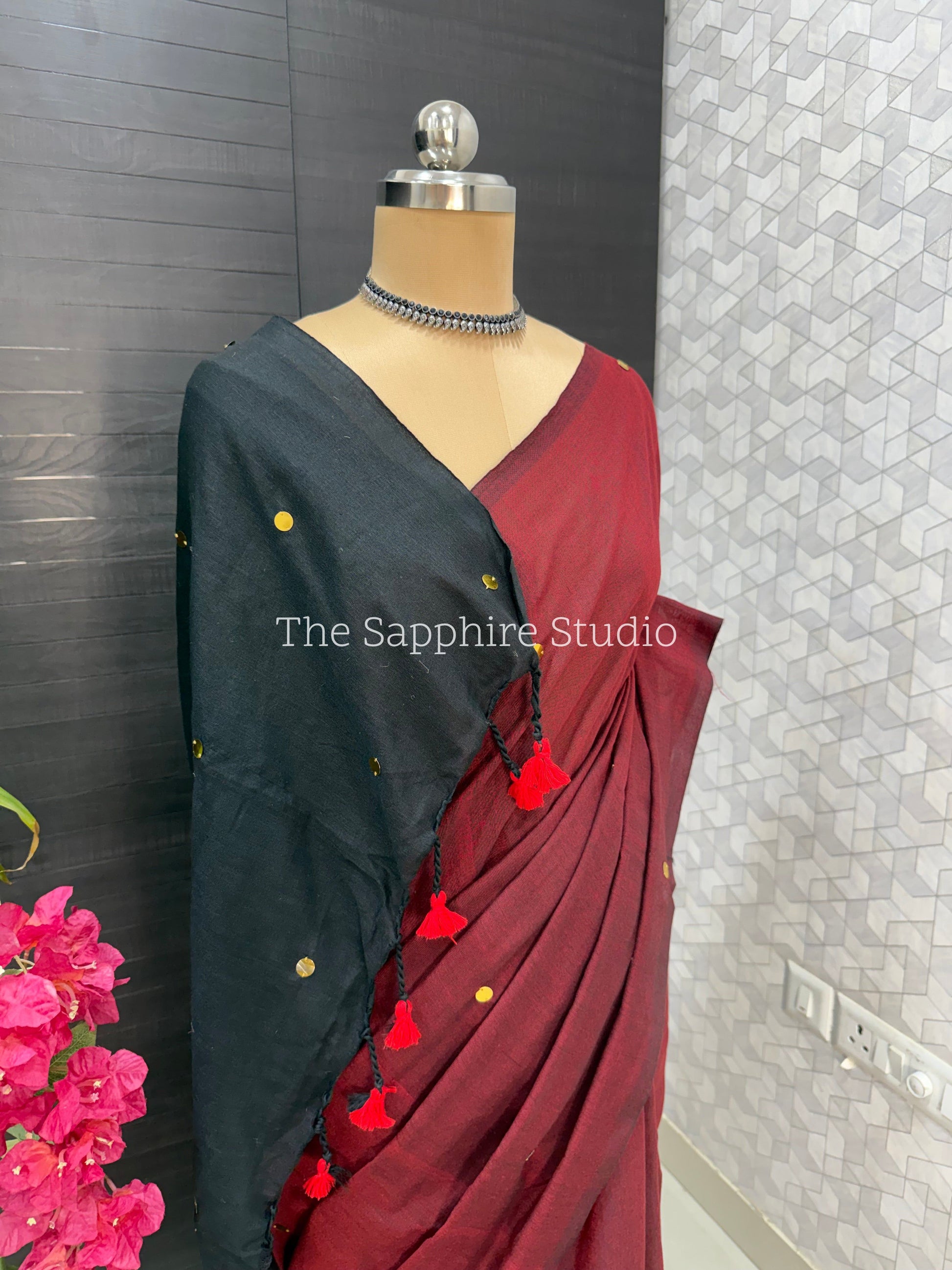 Brick Red & Black Khadi Cotton Saree