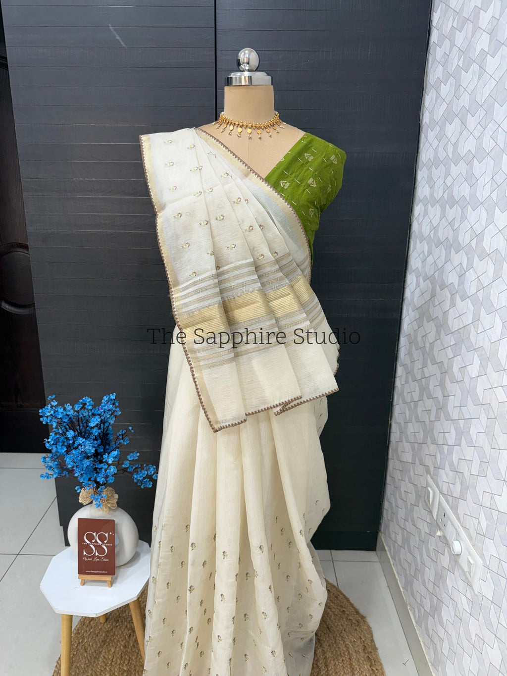 Onam/ Vishu Tissue Saree with Embroidery - small flower work - Brown (comes with contrast green blouse)