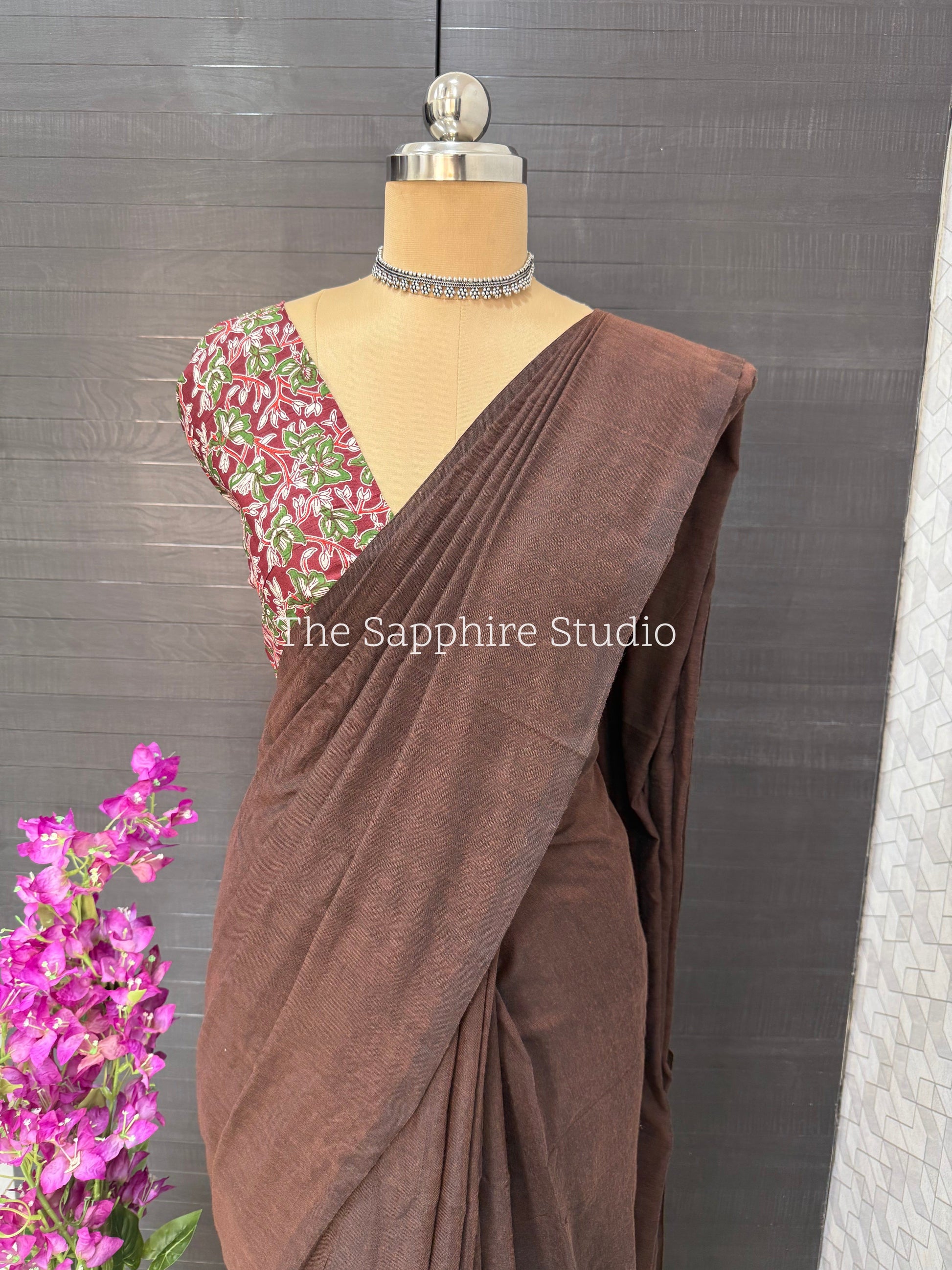 Chocolate Brown khadi cotton saree with Floral Contrast Blouse