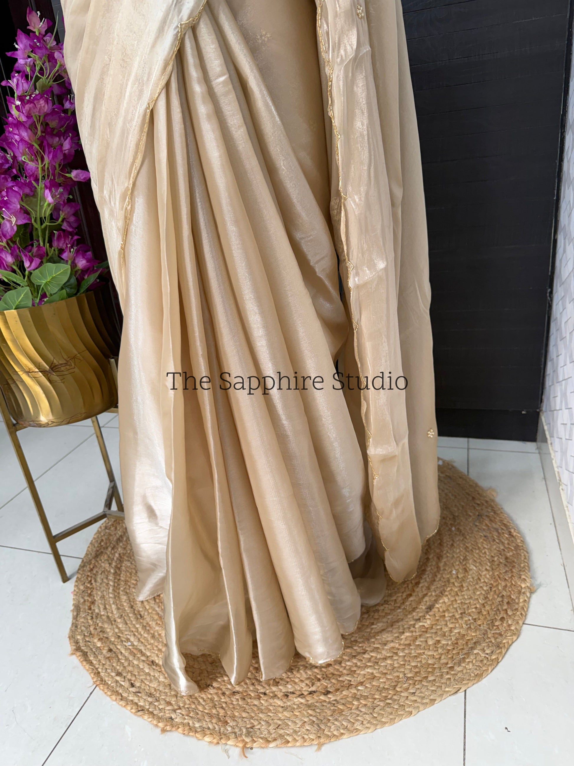 Chikku color satin organza mix saree
