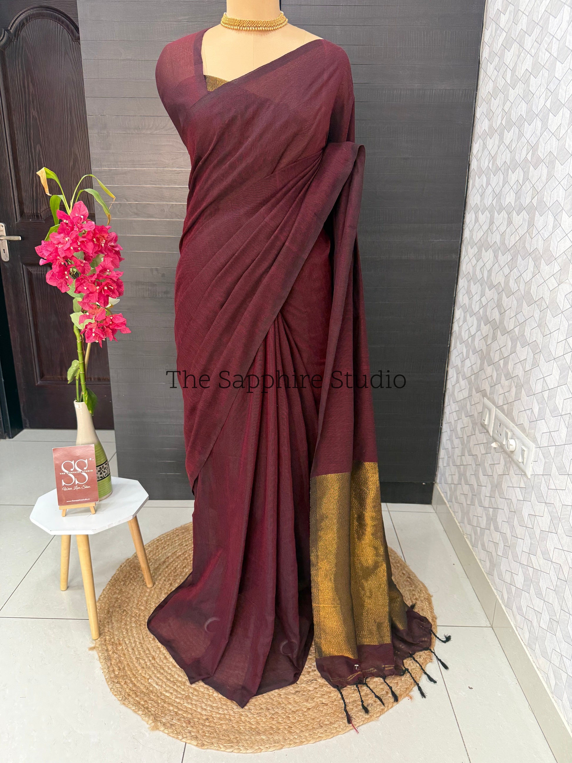 Deep maroon Khadi cotton saree