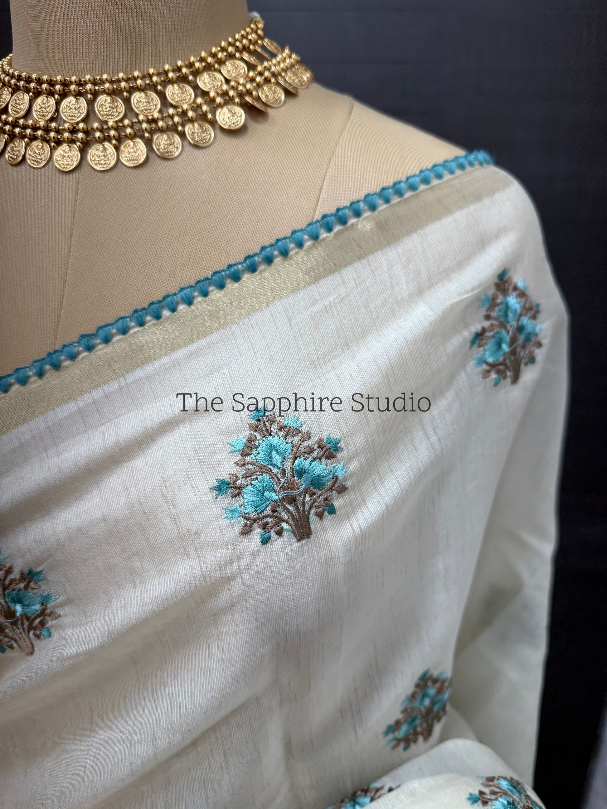 Onam/ Vishu Tissue Saree with Embroidery - Floral - Blue (Comes with contrast blue blouse)