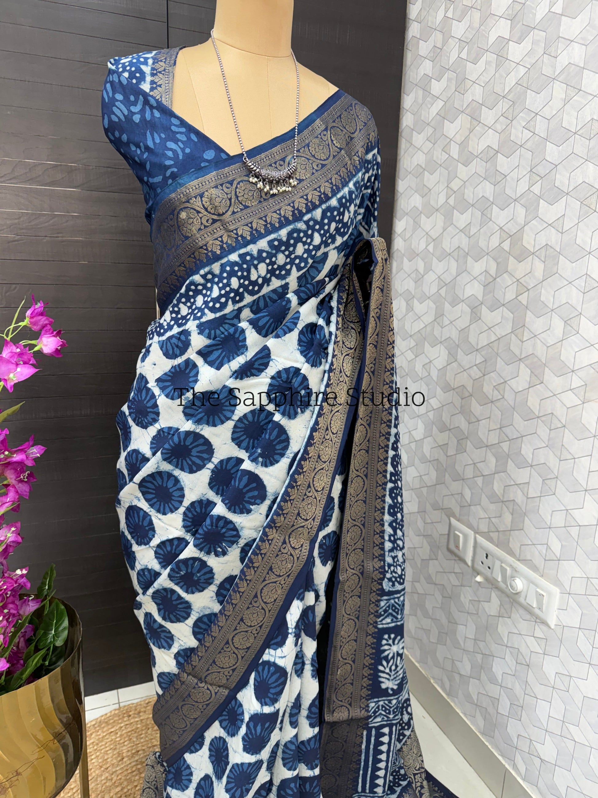 indigo saree, print silk saree with gold zari border, pooja wear saree for women, designer Dola silk saree for festive and wedding wear