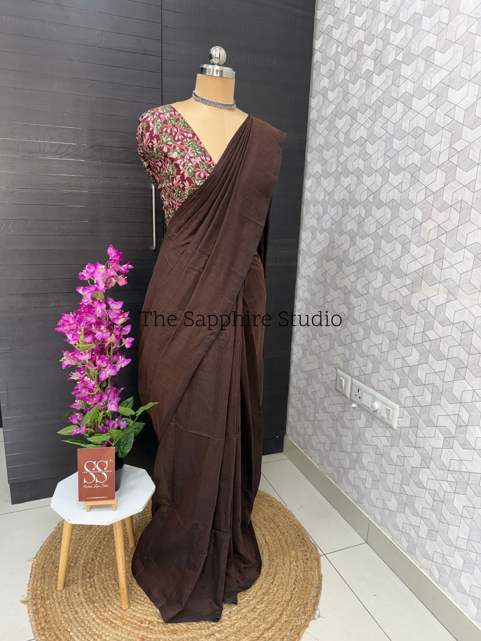 Chocolate Brown khadi cotton saree with Floral Contrast Blouse