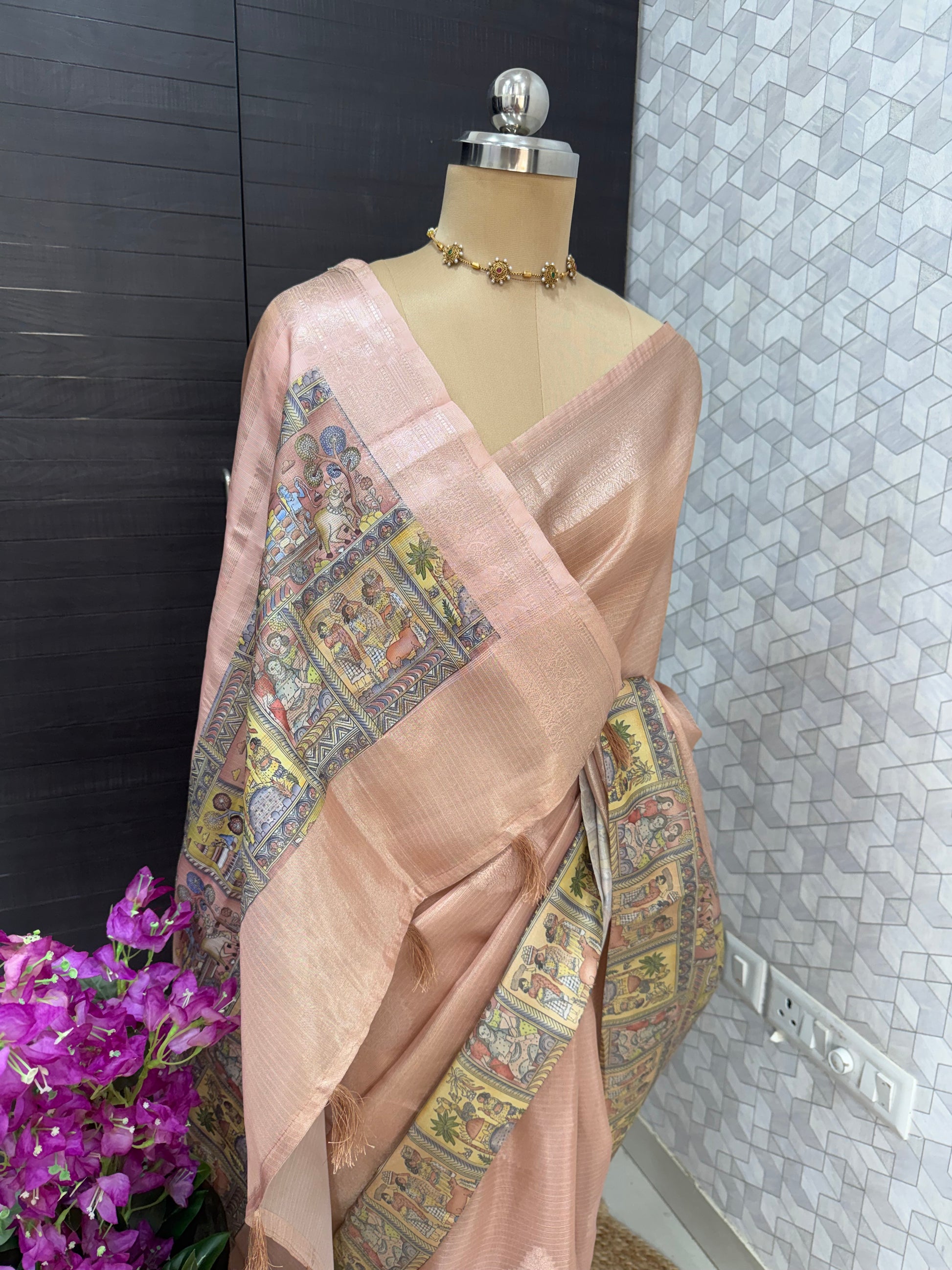 Blush Heritage Print Border Tissue saree