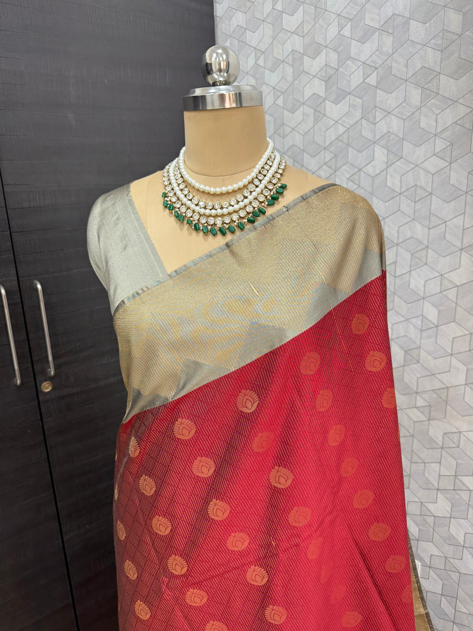 Red Kanchipuram Silk Saree with Silver Zari Border