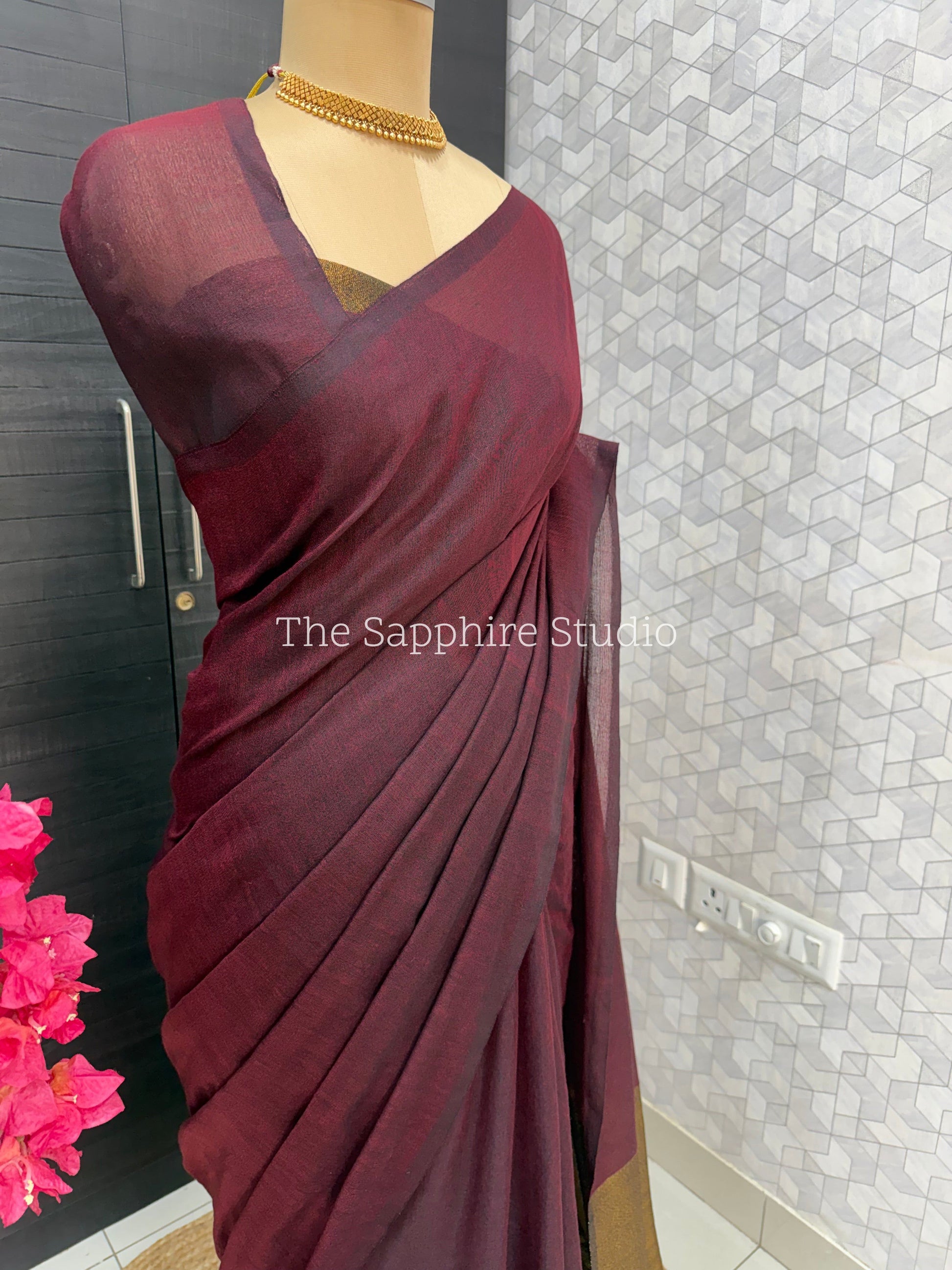 Deep maroon Khadi cotton saree
