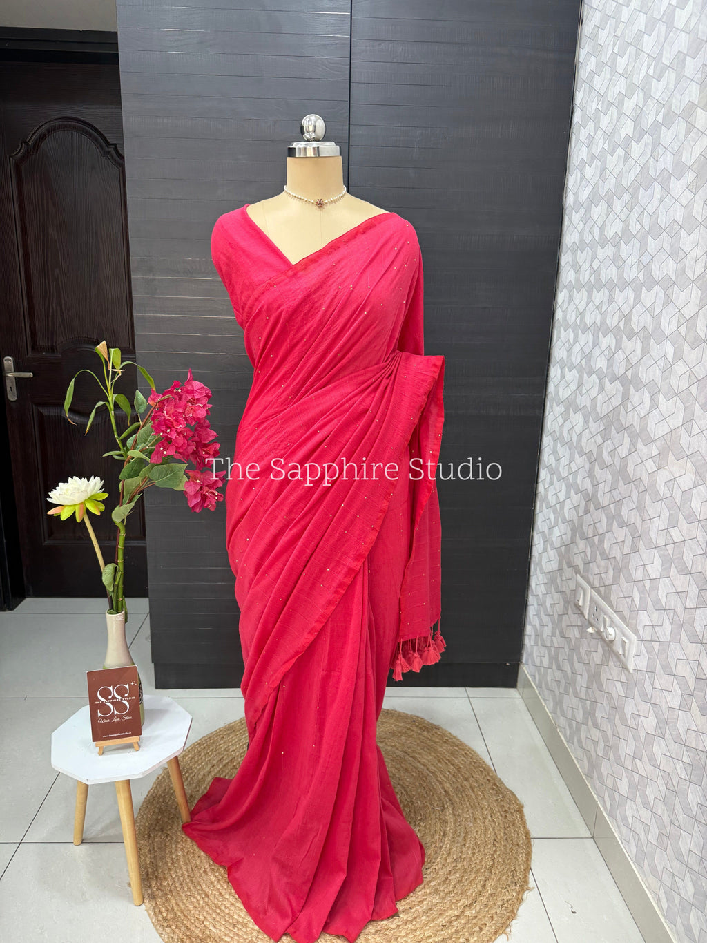 Delicate sequin work light pink mul cotton saree with ready made blouse
