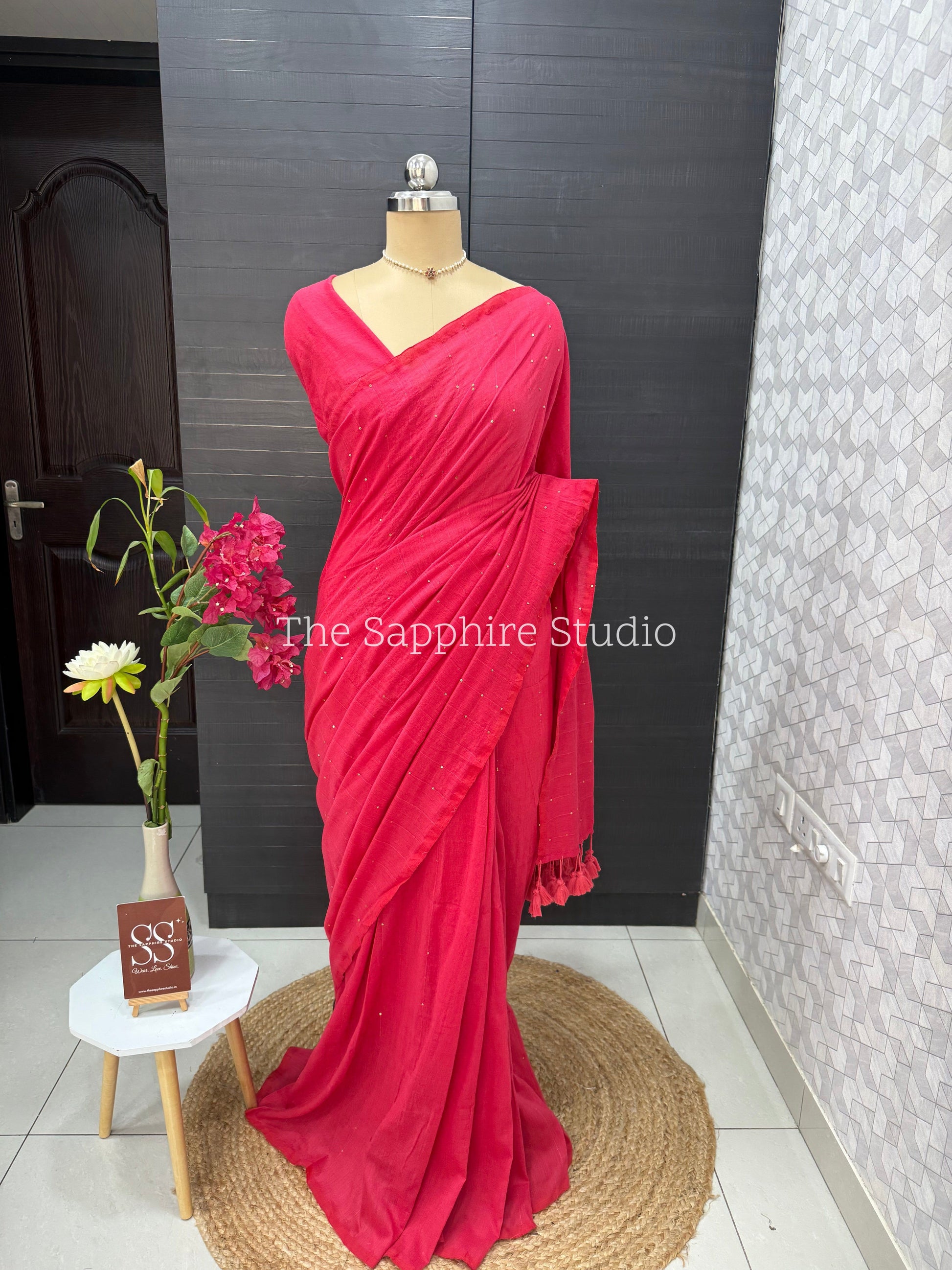 Delicate sequin work light pink mul cotton saree with ready made blouse