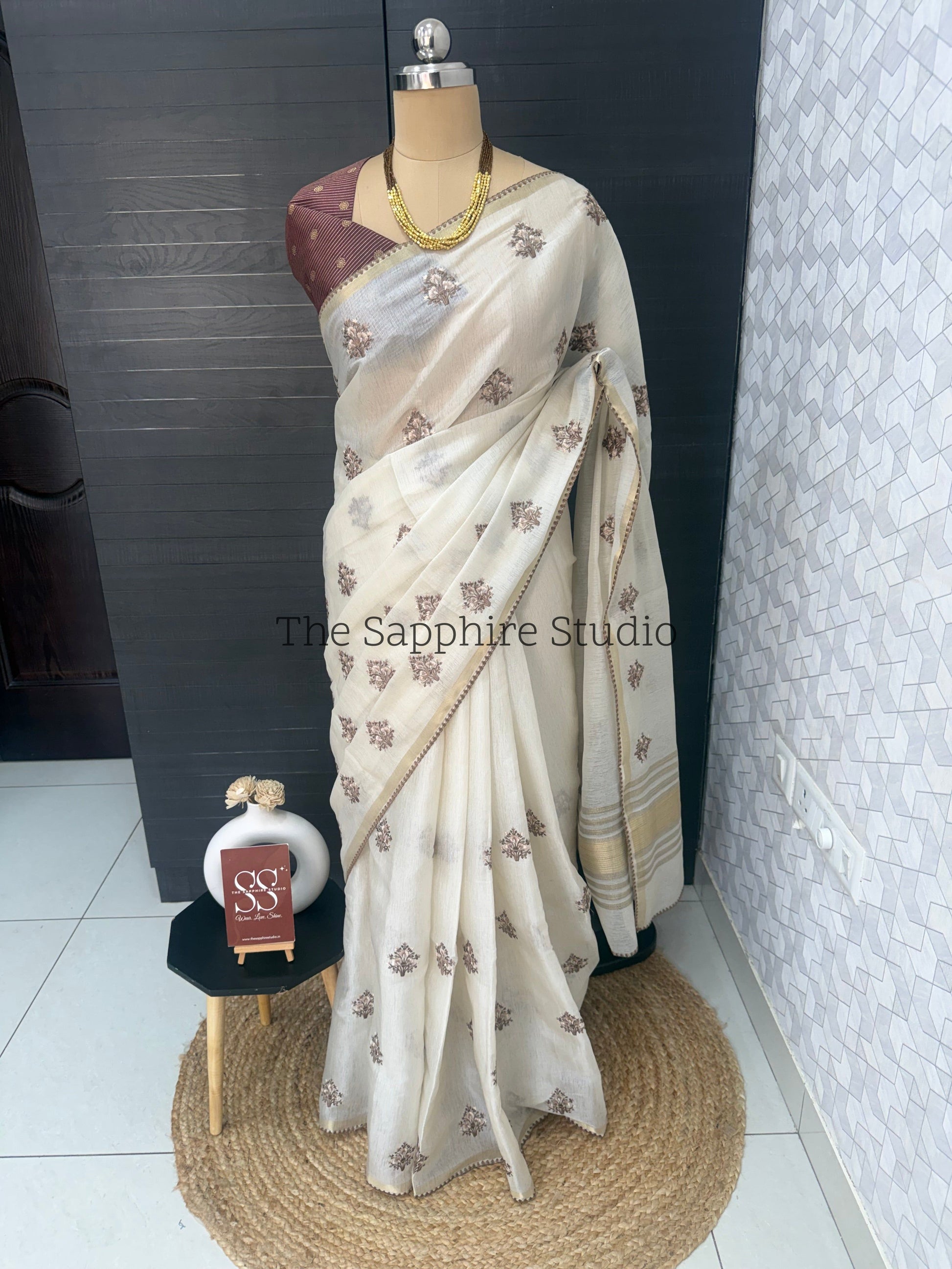 Onam/ Vishu Tissue Saree with Embroidery - Floral - Brown (Comes with contrast brown blouse)