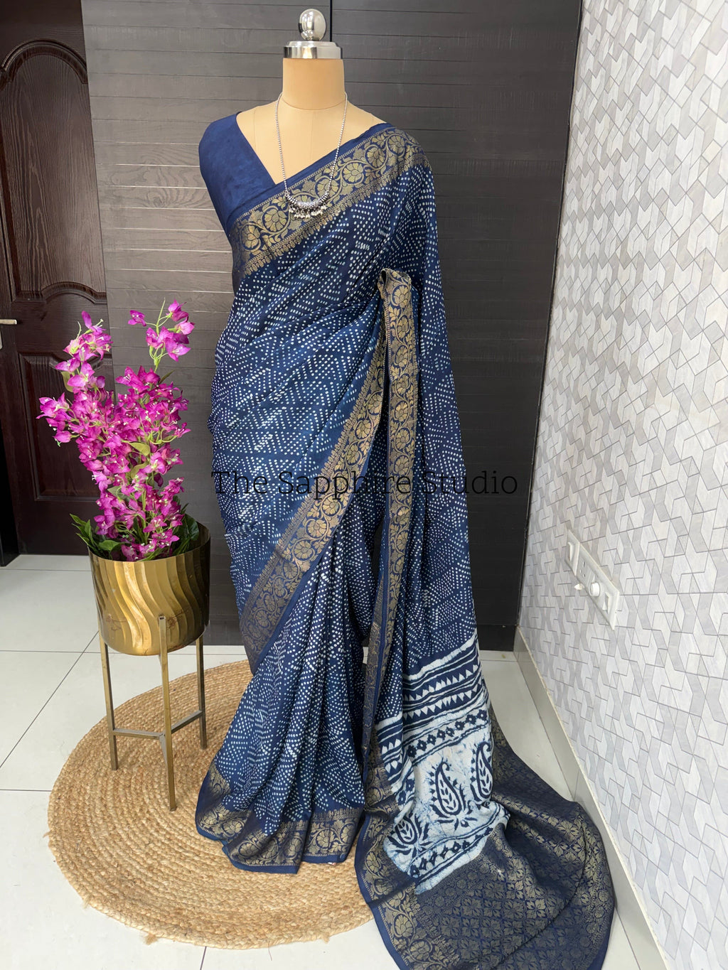 indigo silk saree for women with zari border, Dabbu print saree India, office wear saree and festive wear saree online