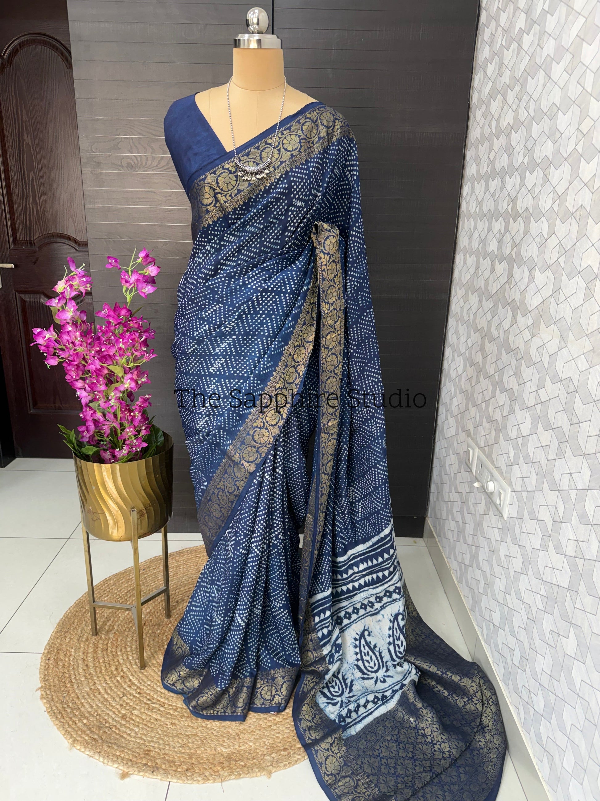indigo silk saree for women with zari border, Dabbu print saree India, office wear saree and festive wear saree online