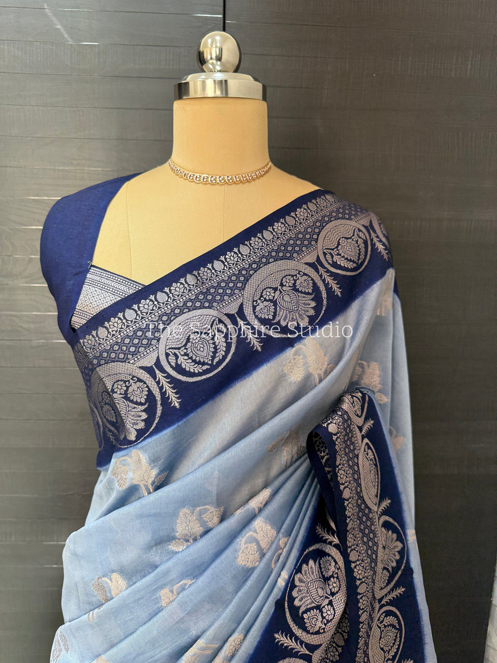 Blue Banarasi Georgette Saree with Navy Border & Silver Zari