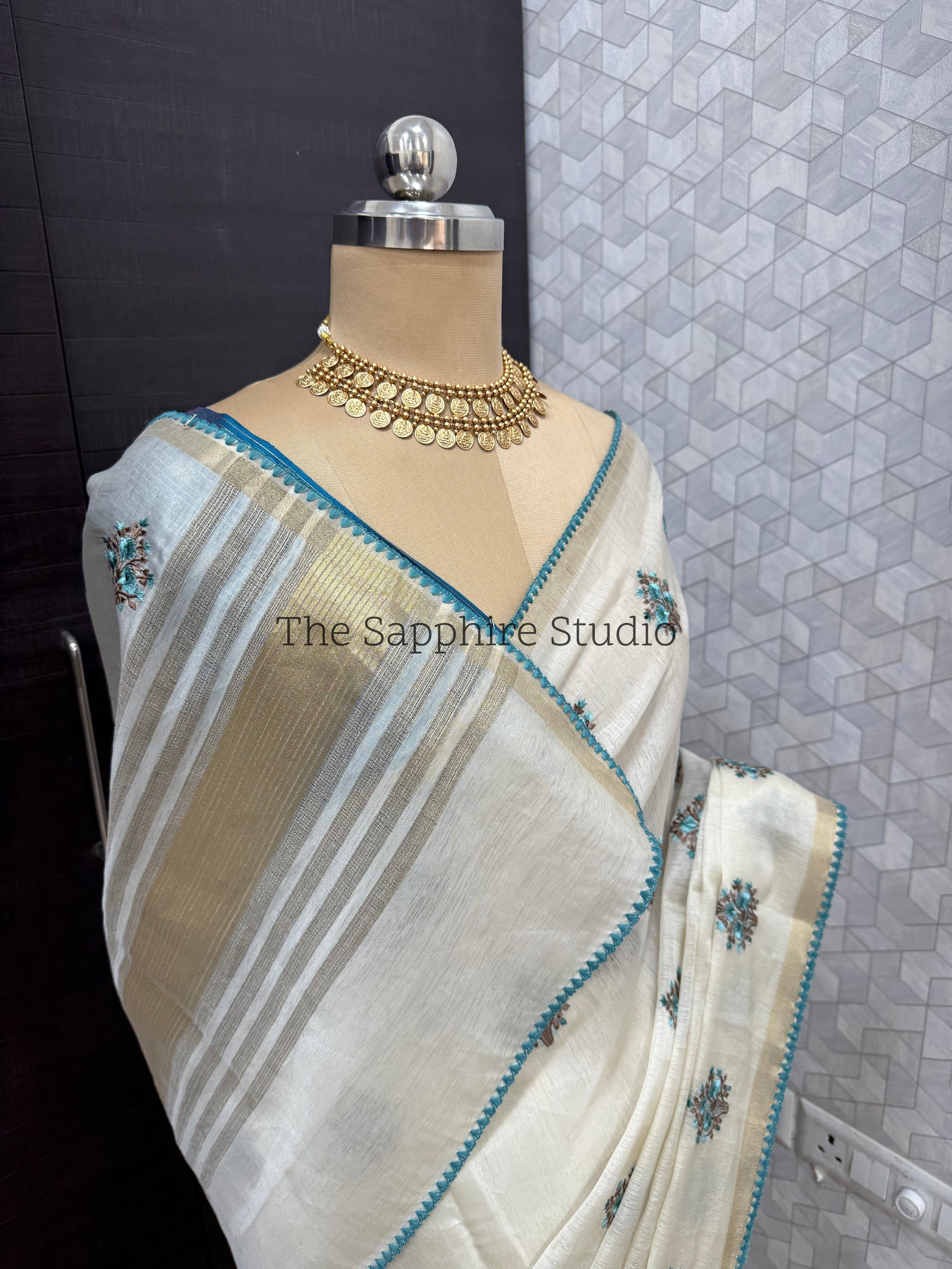 Onam/ Vishu Tissue Saree with Embroidery - Floral - Blue (Comes with contrast blue blouse)