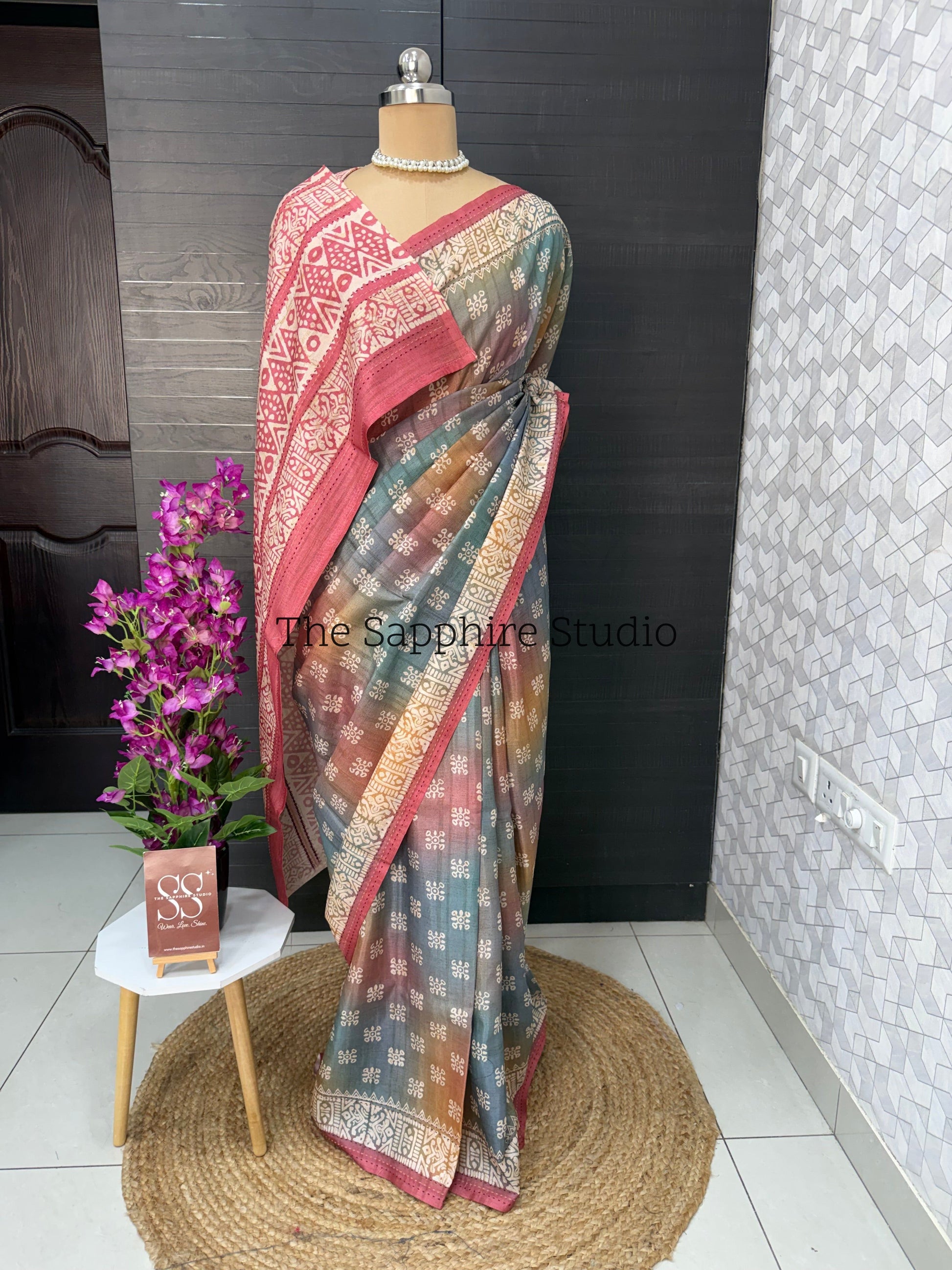 Rose Clay Tussar Saree with Deep Pink Contrast Blouse