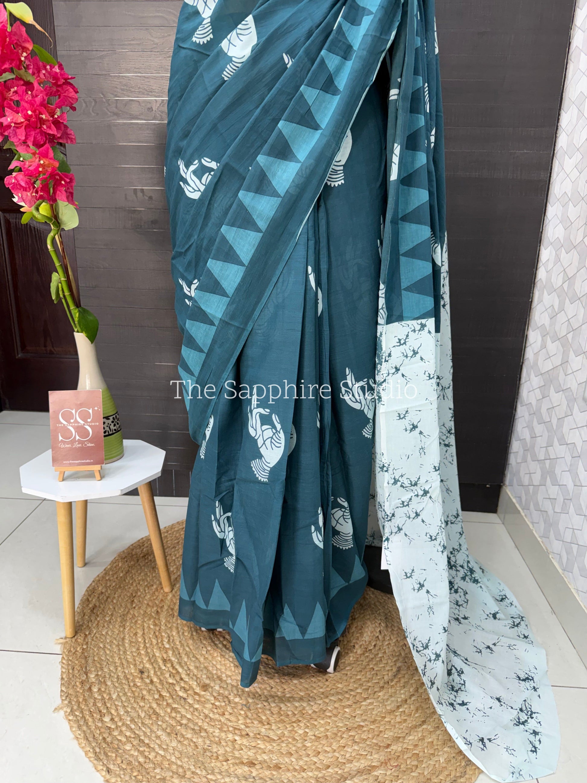 Teal Blue Mul Cotton Saree with Readymade Blouse