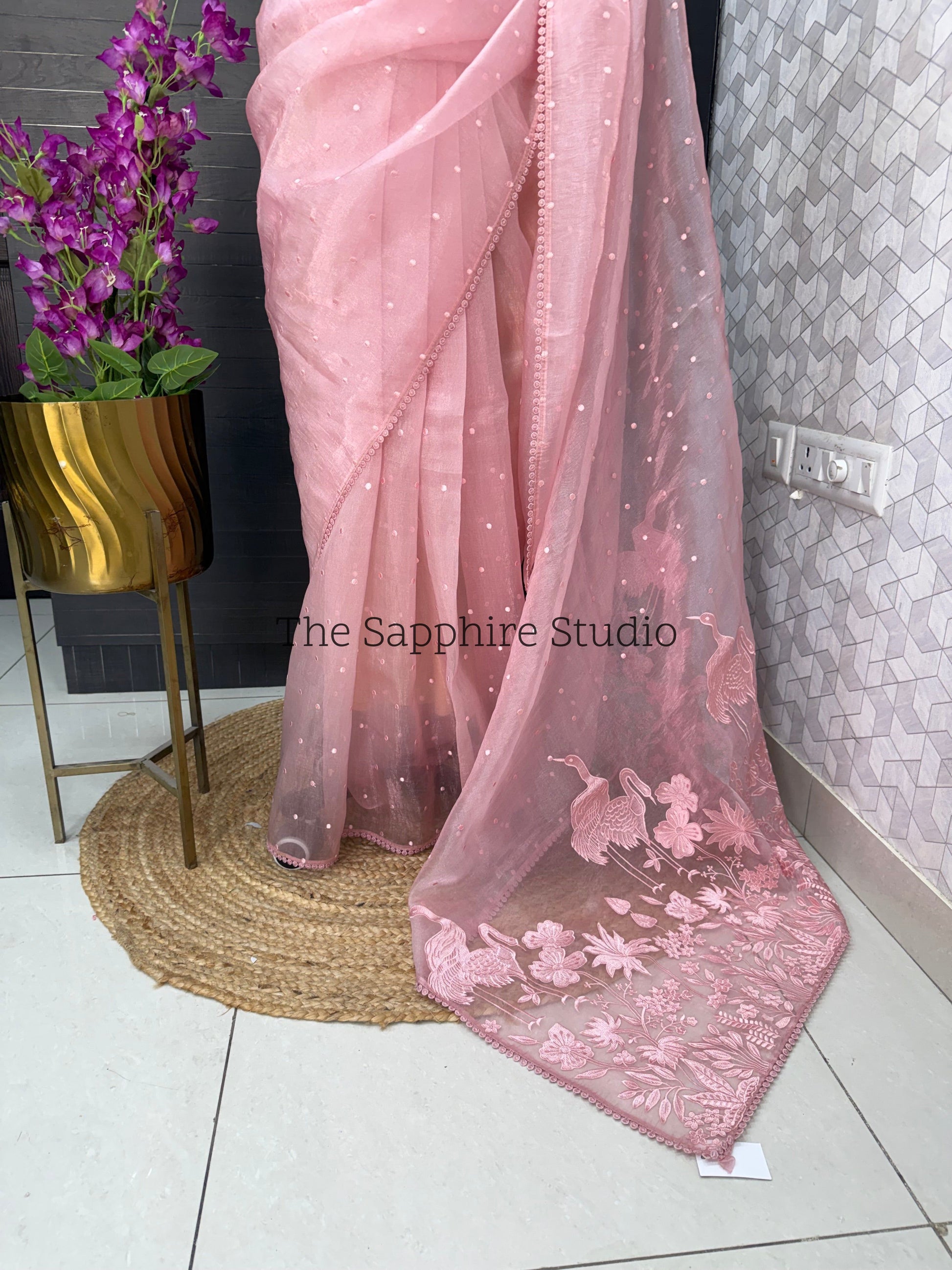 Blush Pink Flamingo Bloom – Appliqué Organza Saree