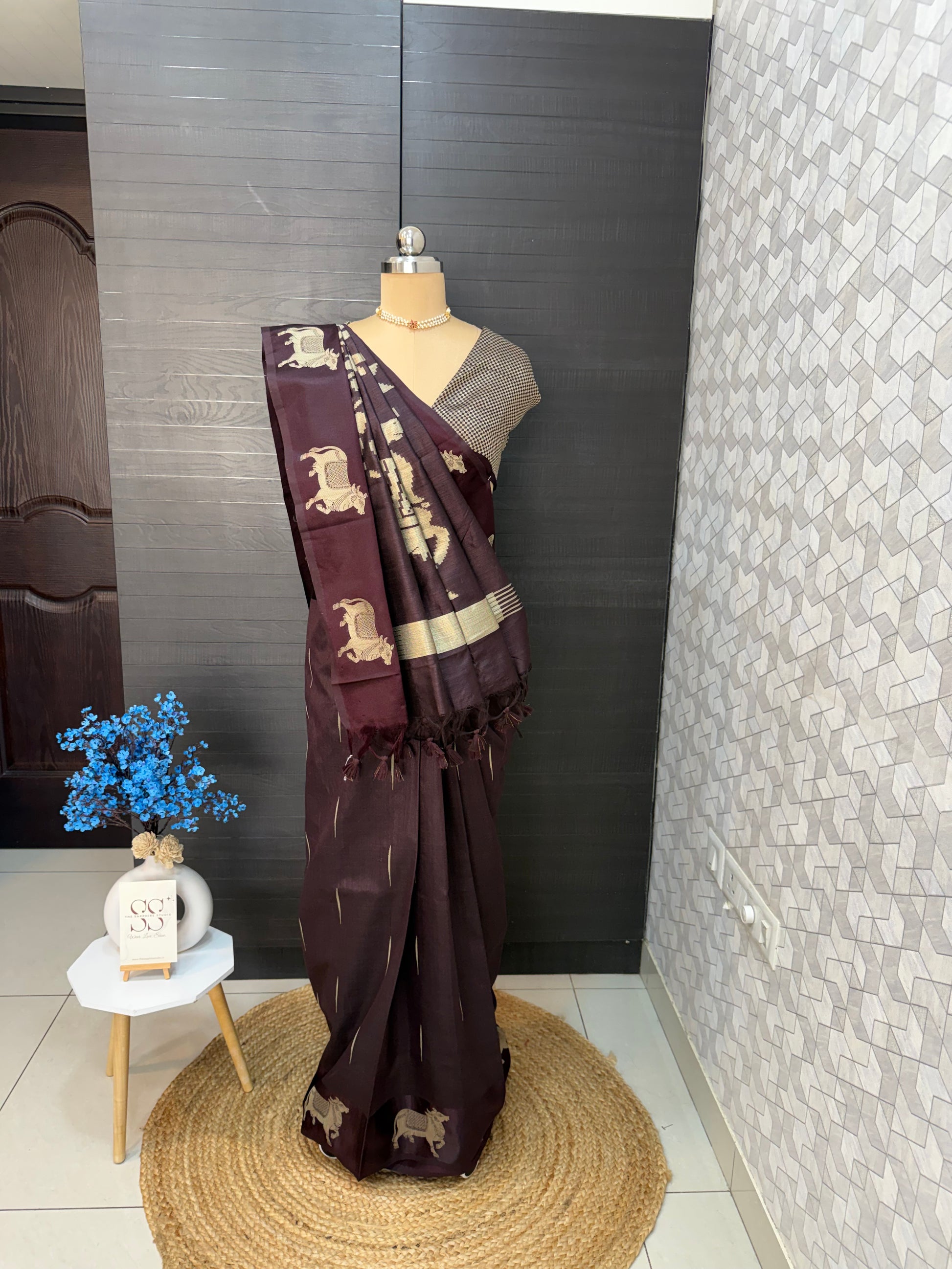 Tussar Pichwai Saree with Cow Motifs and Satin Border