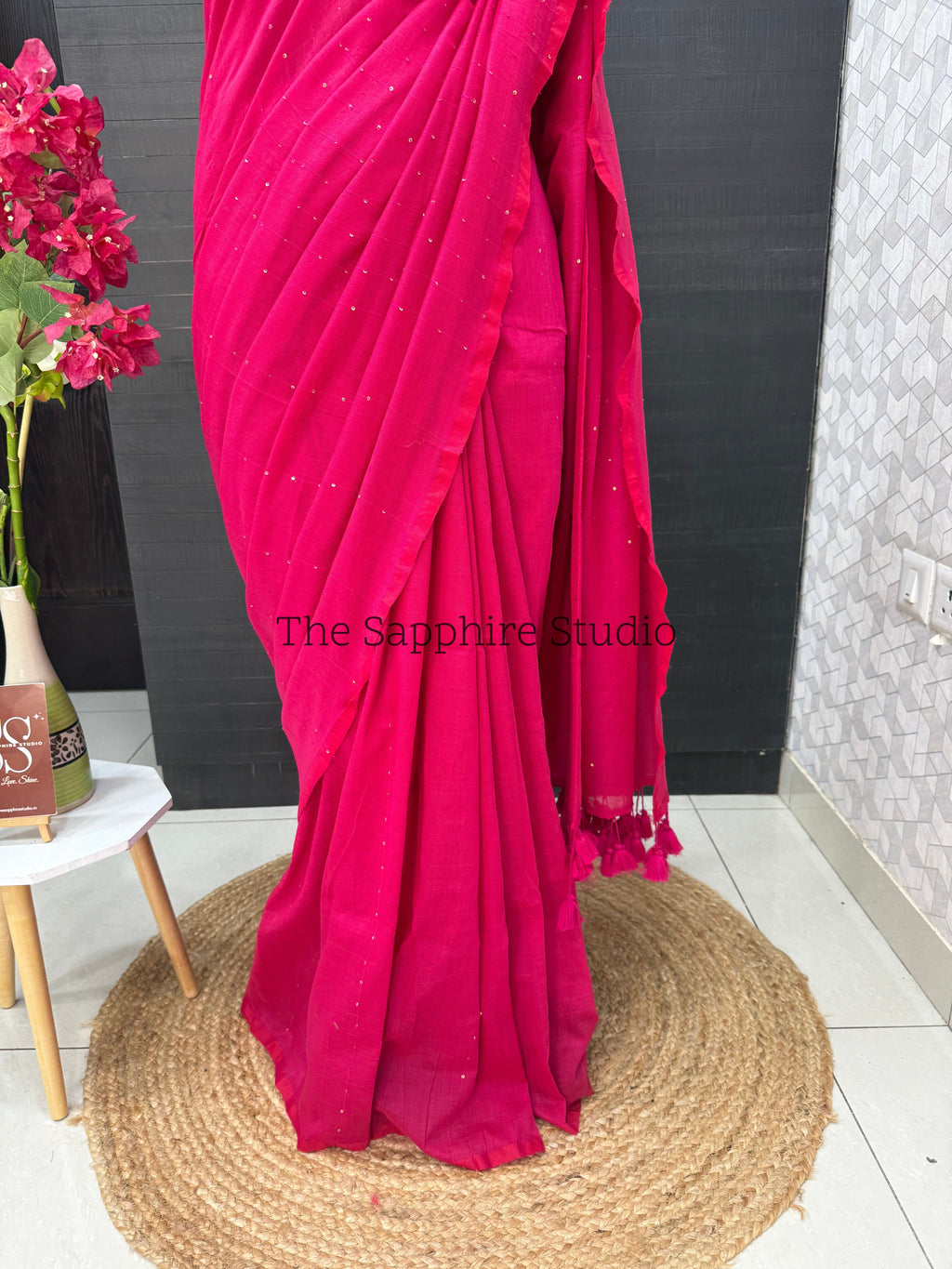 Deep Rani Pink Mul Mul Cotton Saree with Tassels and Ready Made Blouse